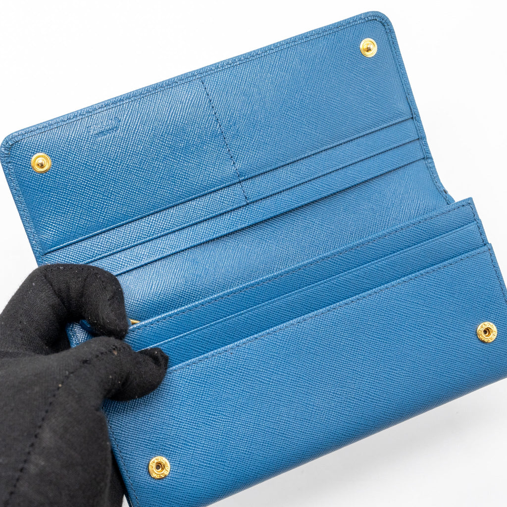 PRADA SAFFIANO LONG WALLET CALFSKIN BLUE GHW
