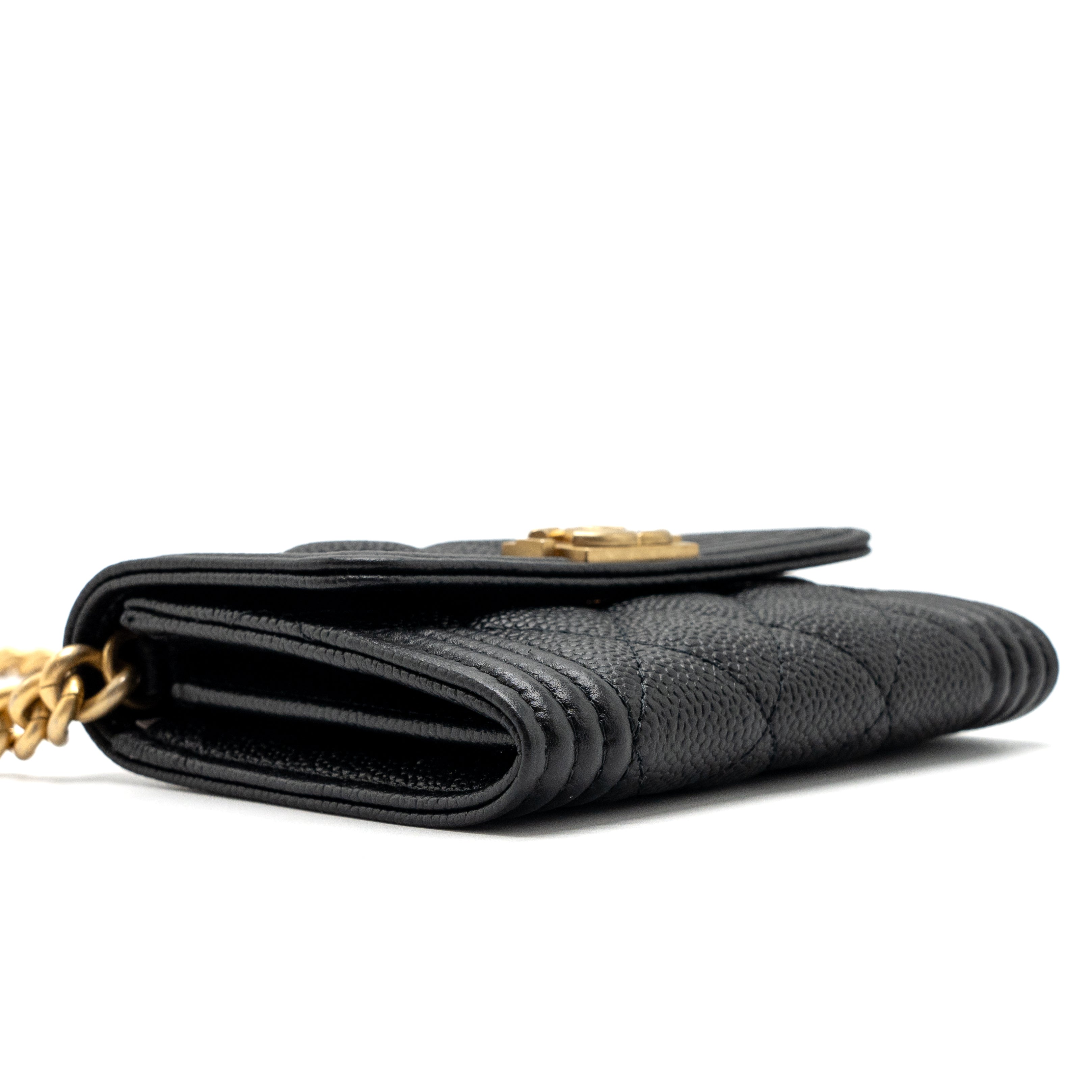 CHANEL BOY CARD HOLDER WITH CHAIN CAVIAR BLACK GHW