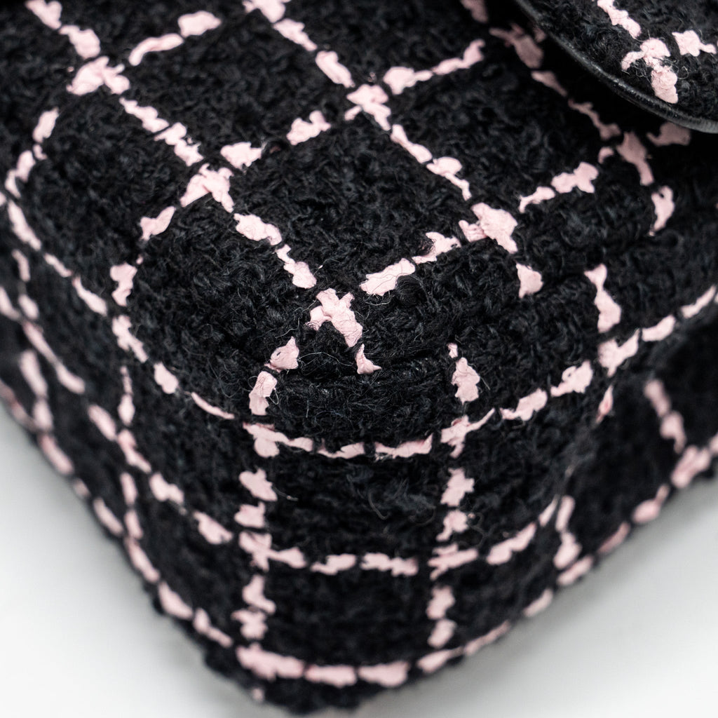 CHANEL 23K FLOWER BOMB MINI RECTANGULAR FLAP BAG TWEED BLACK/PINK LGHW (MICROCHIP)
