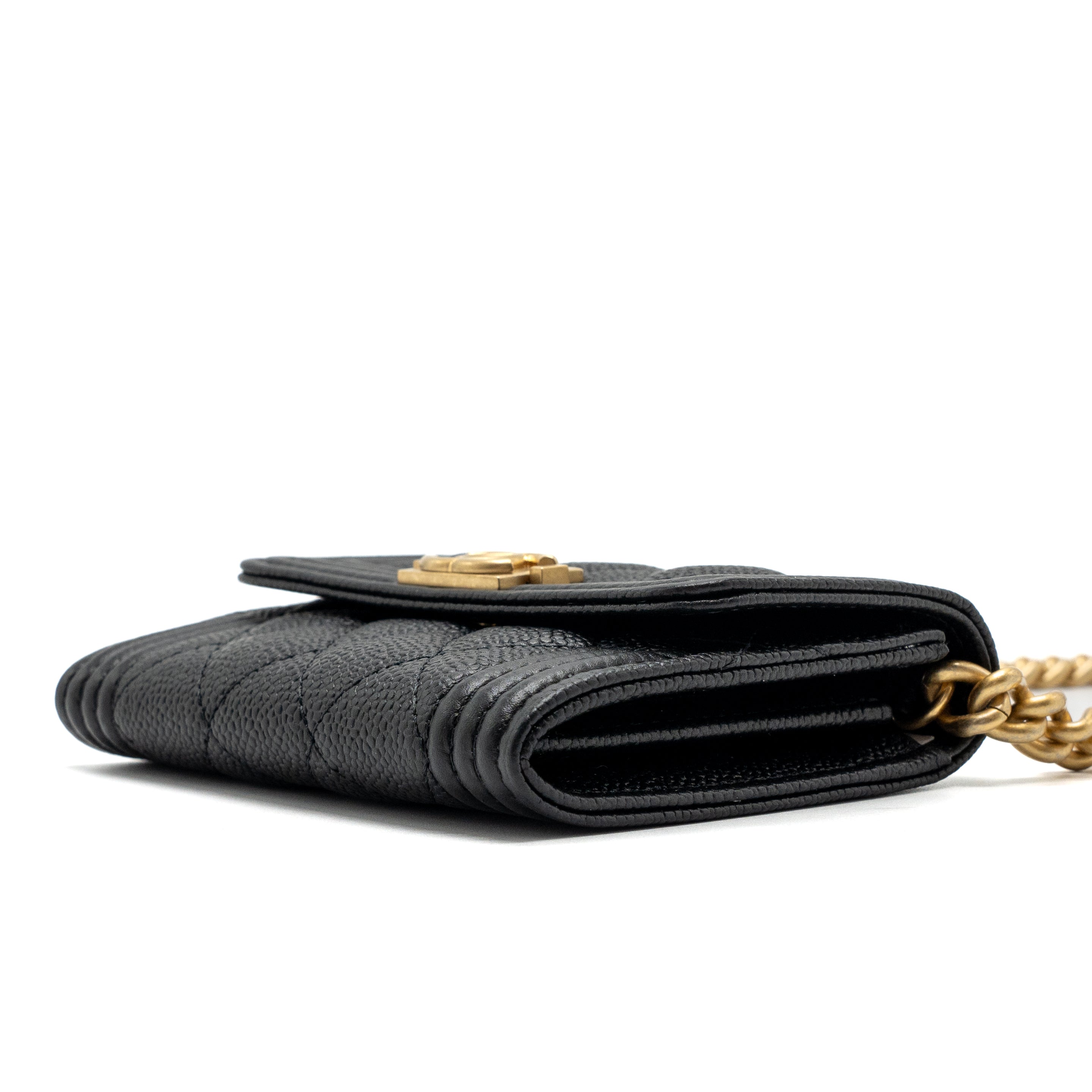CHANEL BOY CARD HOLDER WITH CHAIN CAVIAR BLACK GHW