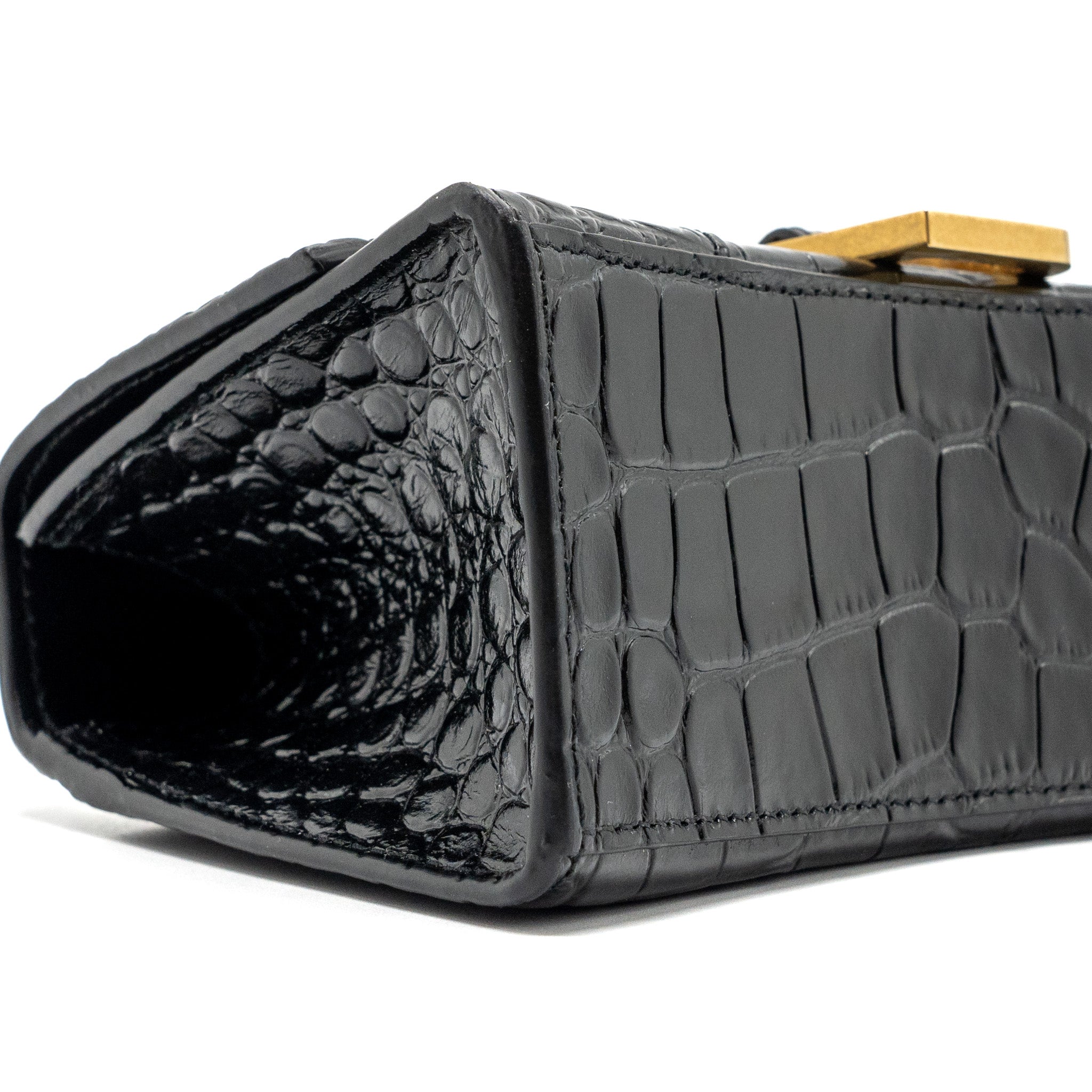 BALENCIAGA HOURGLASS XS HANDBAG CROCODILE EMBOSSED BLACK GHW