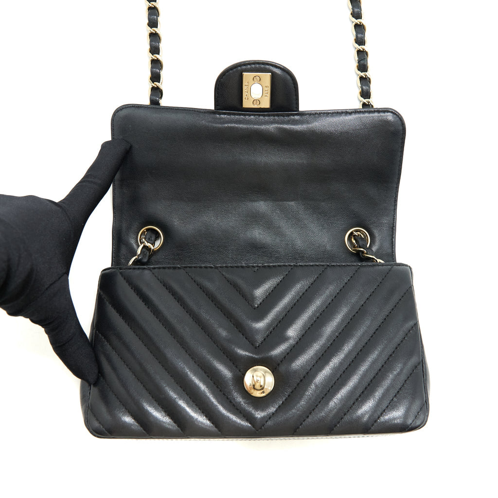 CHANEL CHEVRON MINI RECTANGULAR FLAP BAG LAMBSKIN BLACK LGHW