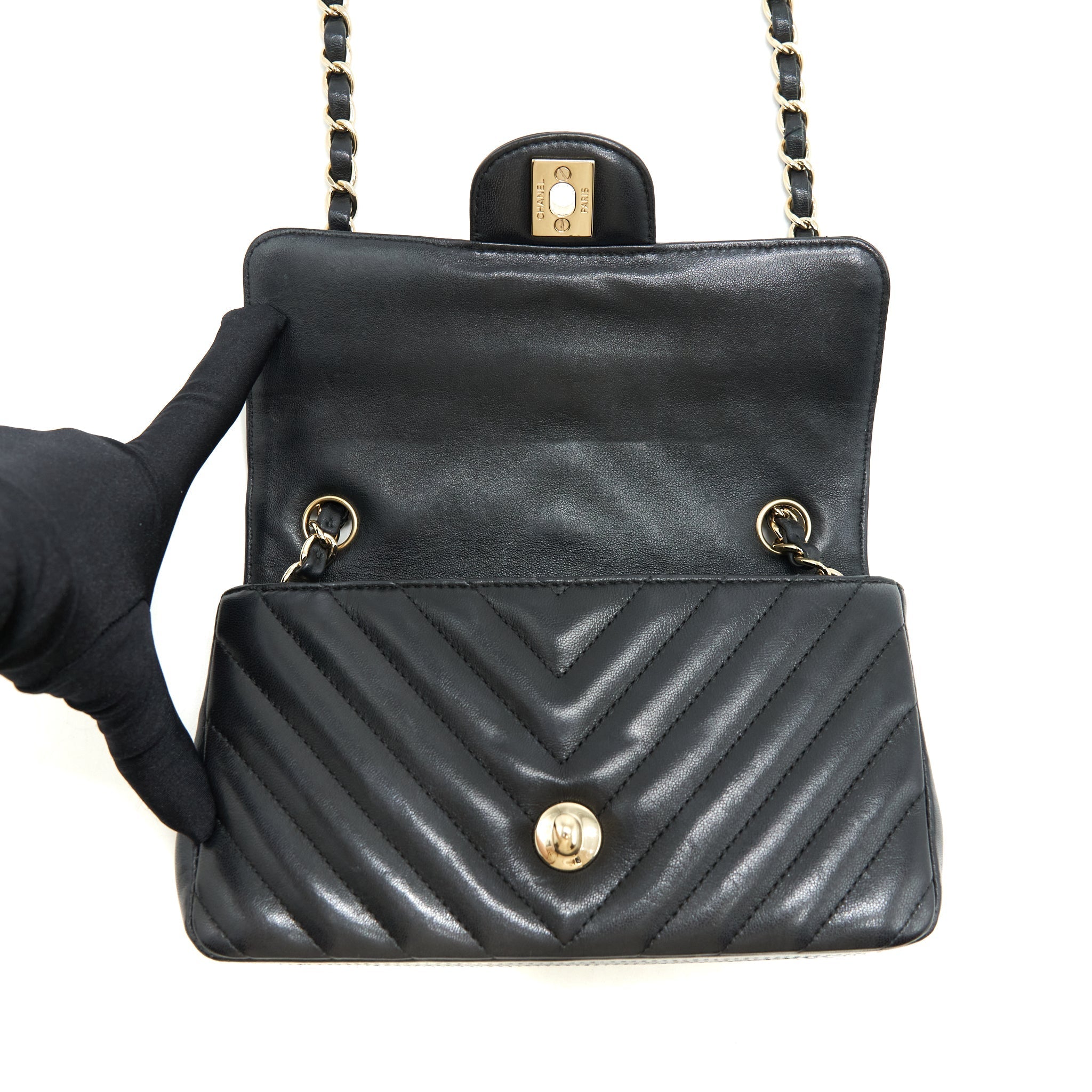 CHANEL CHEVRON MINI RECTANGULAR FLAP BAG LAMBSKIN BLACK LGHW