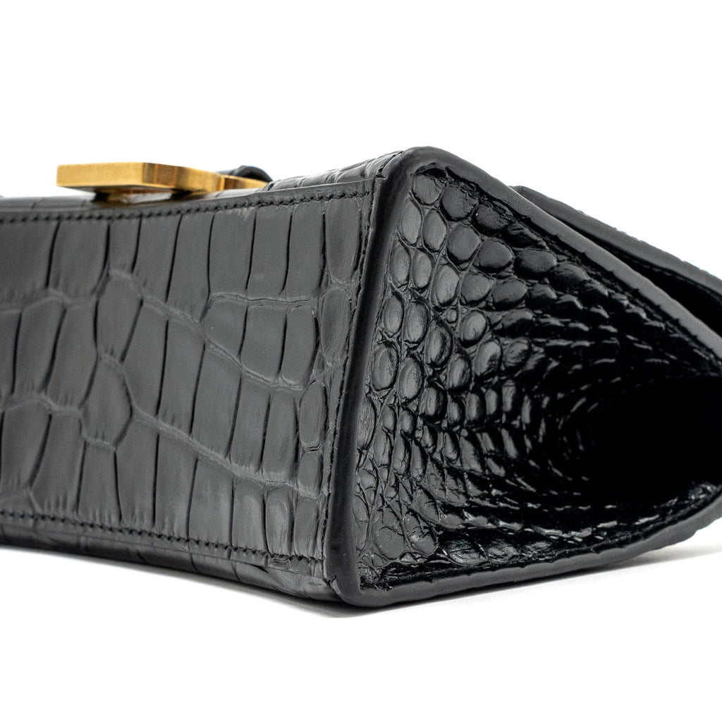 BALENCIAGA HOURGLASS XS HANDBAG CROCODILE EMBOSSED BLACK GHW