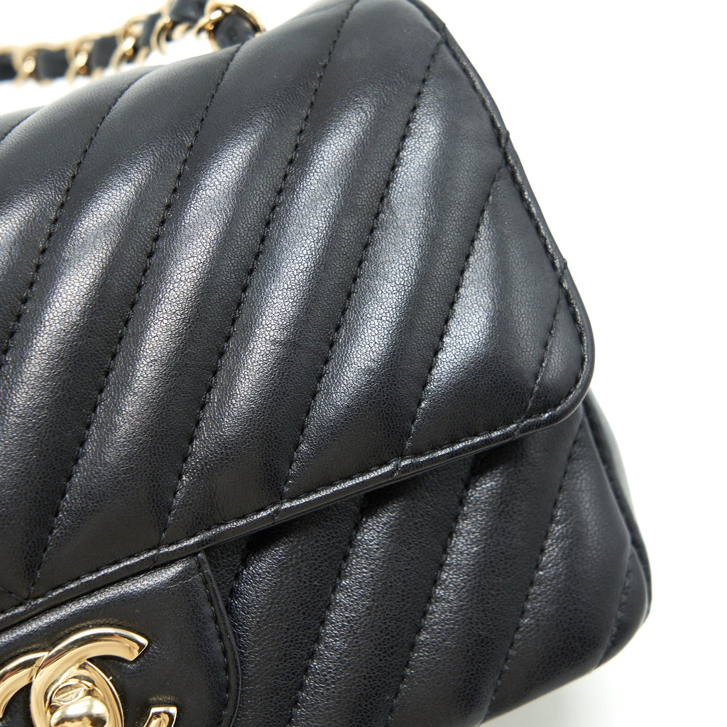 CHANEL CHEVRON MINI RECTANGULAR FLAP BAG LAMBSKIN BLACK LGHW