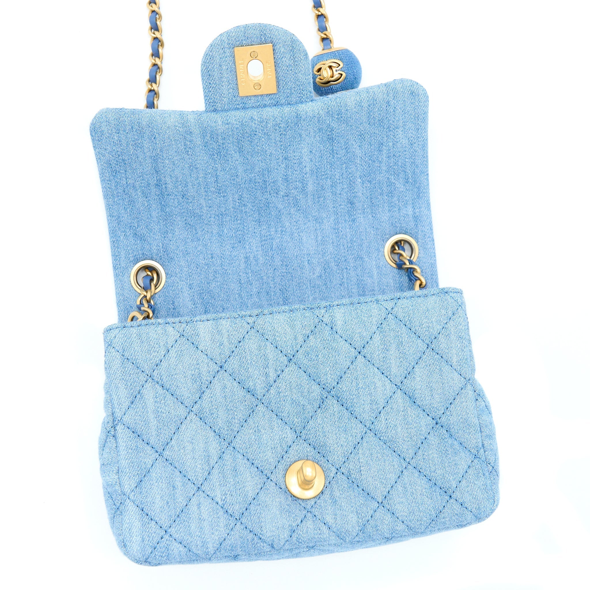 CHANEL 22C DENIM PEARL CRUSH MINI SQUARE FLAP BAG GHW(MICROCHIP)
