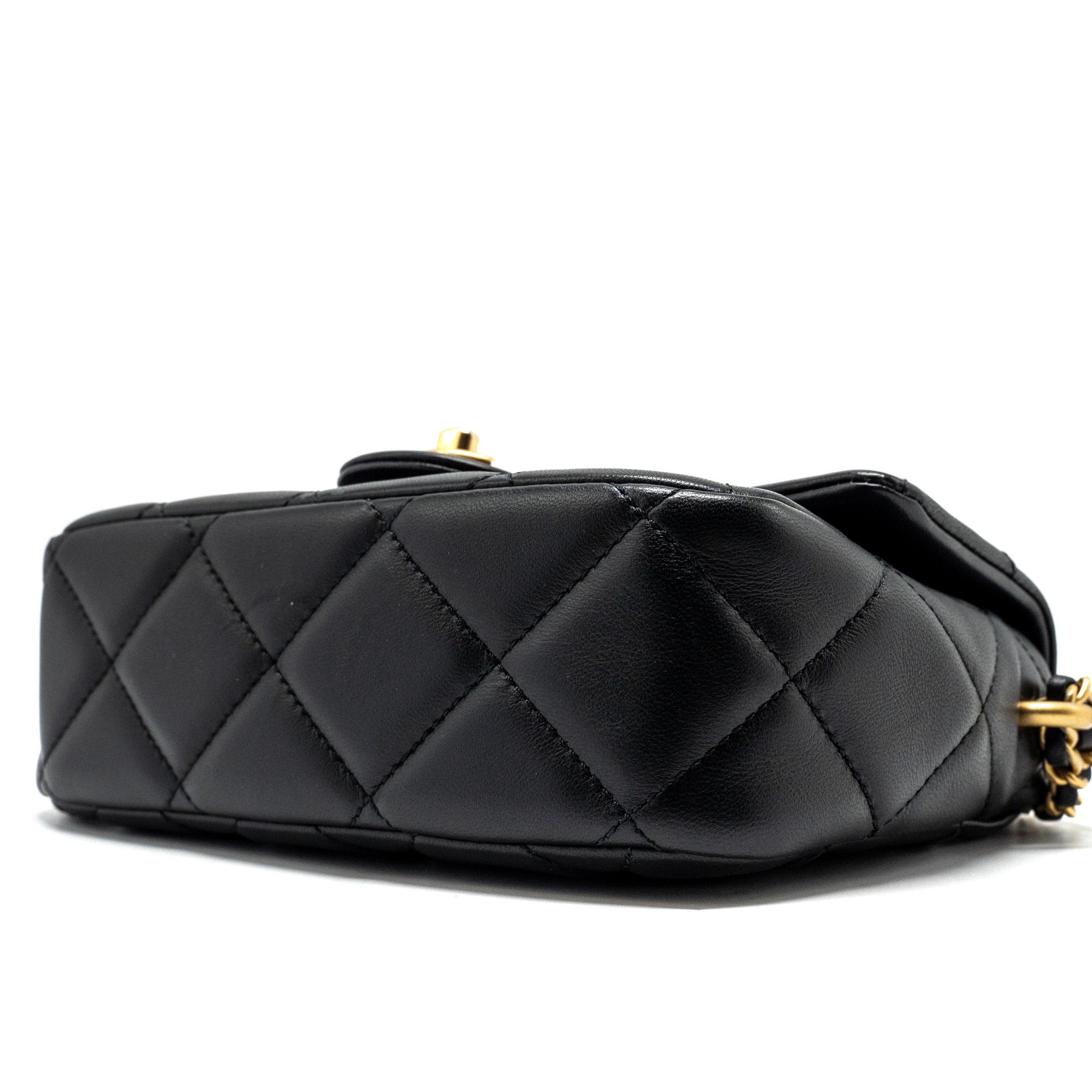 CHANEL MY PERFECT MINI FLAP BAG WITH PEARL CHAIN LAMBSKIN BLACK GHW (MICROCHIP)