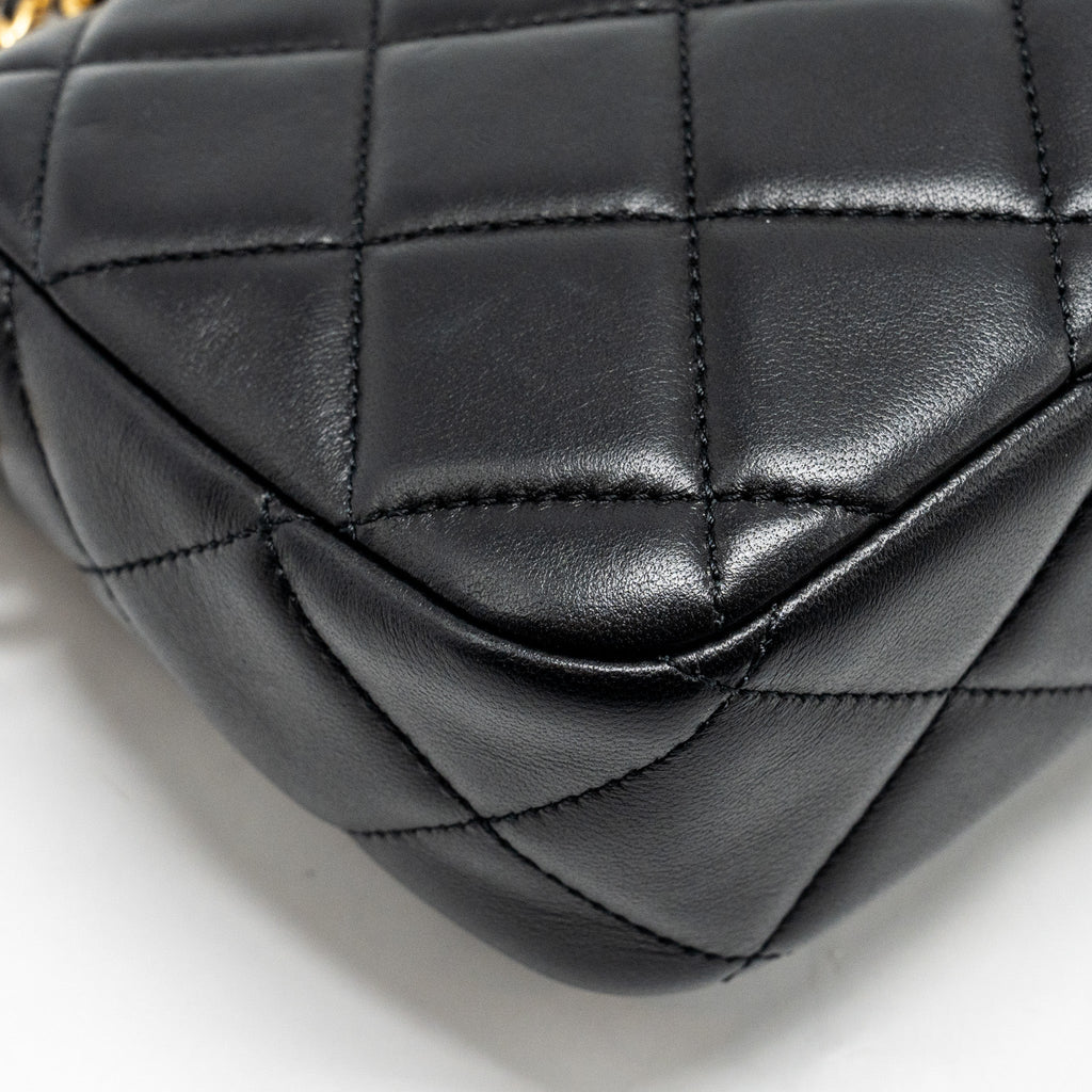 CHANEL MY PERFECT MINI FLAP BAG WITH PEARL CHAIN LAMBSKIN BLACK GHW (MICROCHIP)