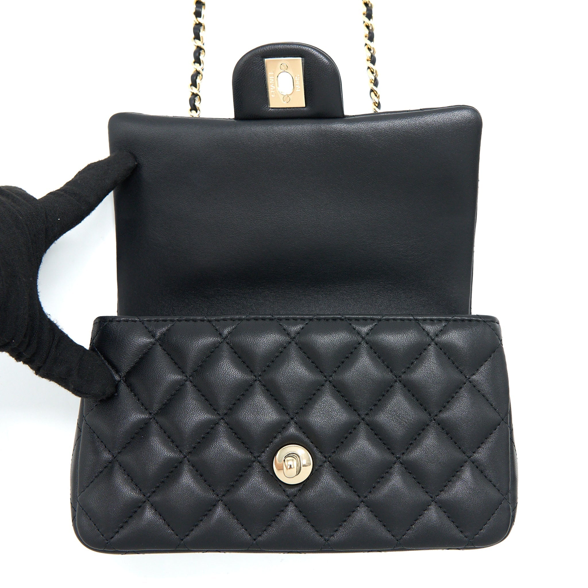 CHANEL TOP HANDLE MINI RECTANGULAR FLAP BAG LAMBSKIN BLACK LGHW (MICROCHIP)