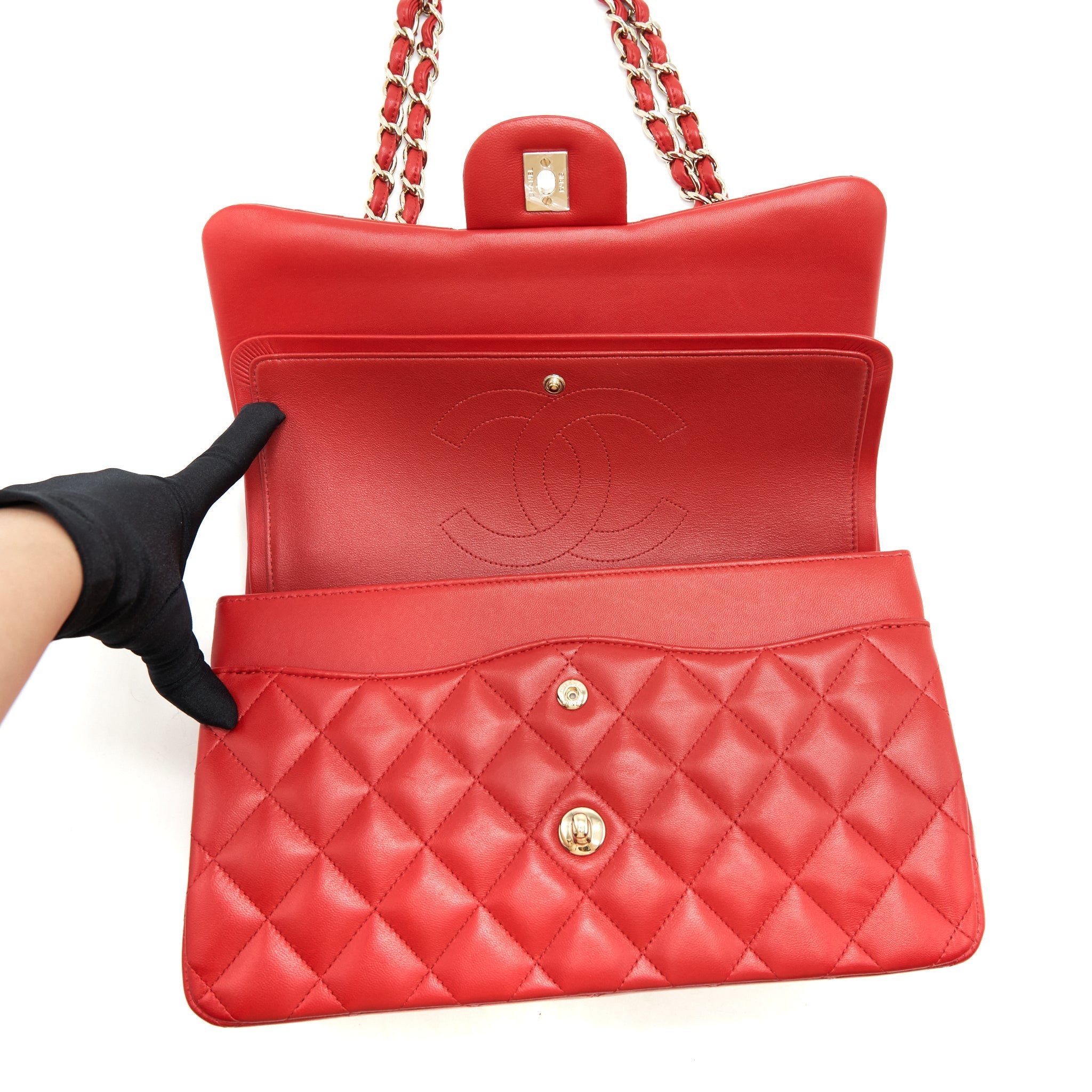 CHANEL CLASSIC JUMBO DOUBLE FLAP BAG LAMBSKIN RED LGHW