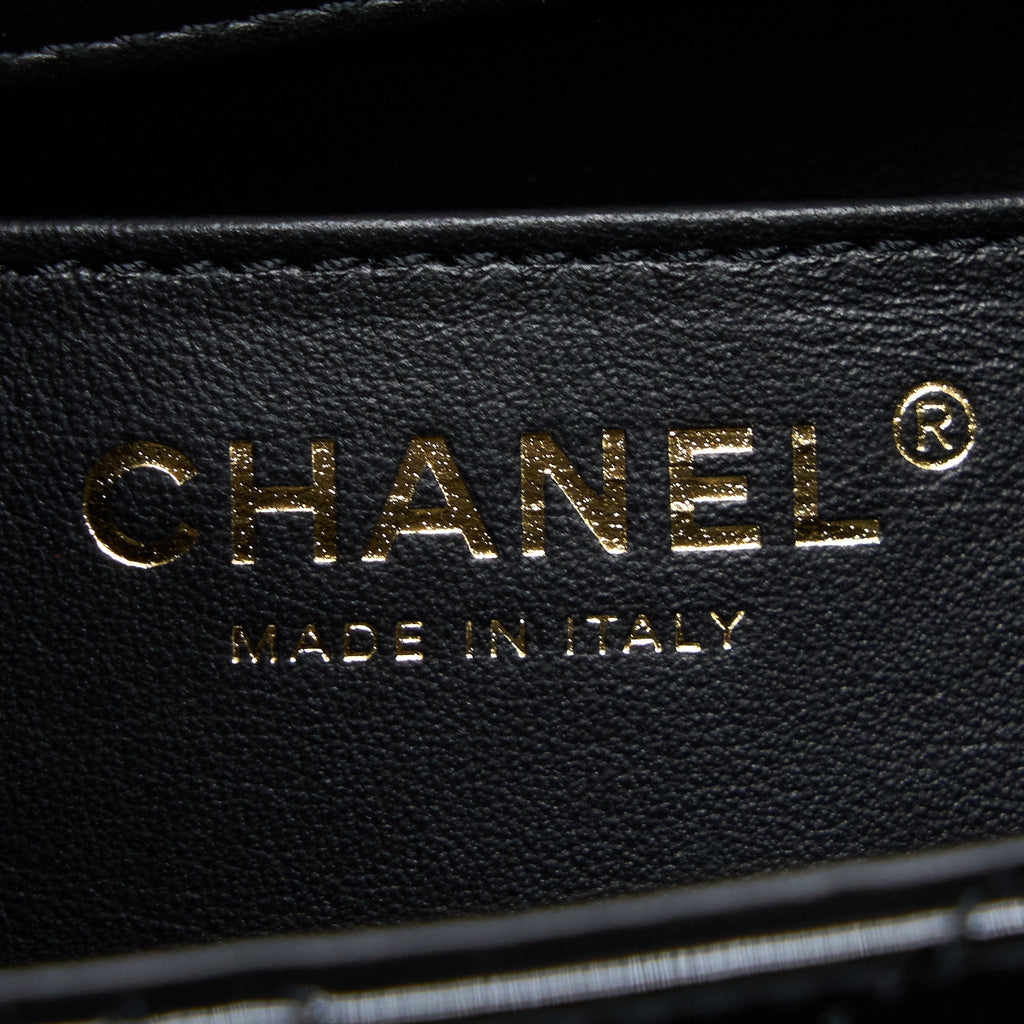 CHANEL 22K RETRO CLASSIC NEW SQUARE MINI FLAP BAG PATENT BLACK BRUSHED GHW(MICROCHIP)