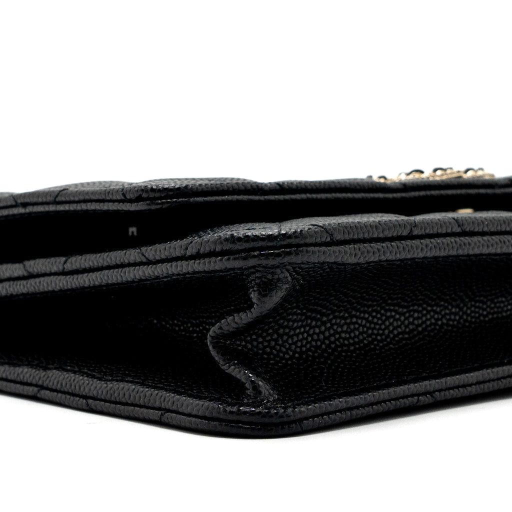 CHANEL DETAILED LOGO WALLET ON CHAIN BLACK CAVIAR LGHW (MICROCHIP)