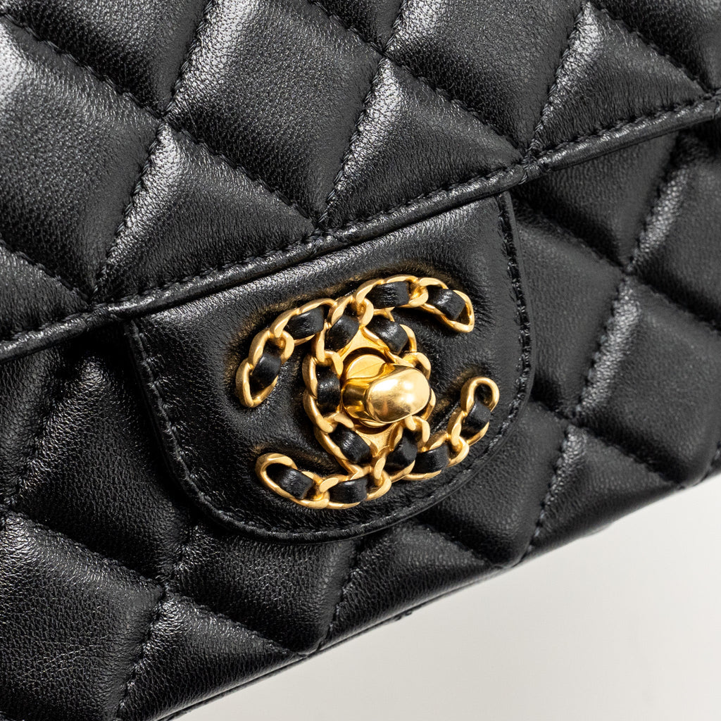 CHANEL 24C DETAIL TOP HANDLE FLAP BAG LAMBSKIN BLACK GHW (MICROCHIP)