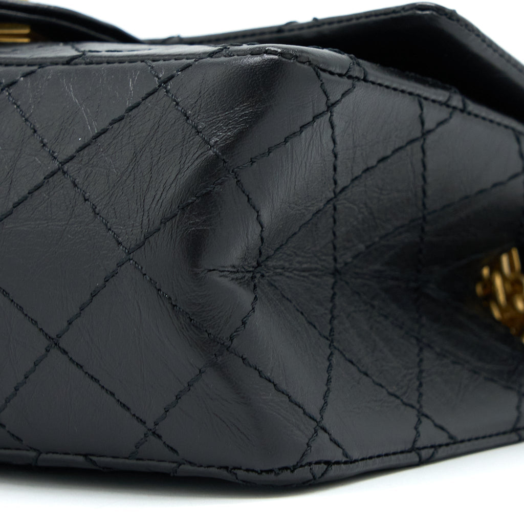 CHANEL MINI 2.55 REISSUE FLAP BAG AGED CALFSKIN BLACK BRUSHED GHW (MICROCHIP)