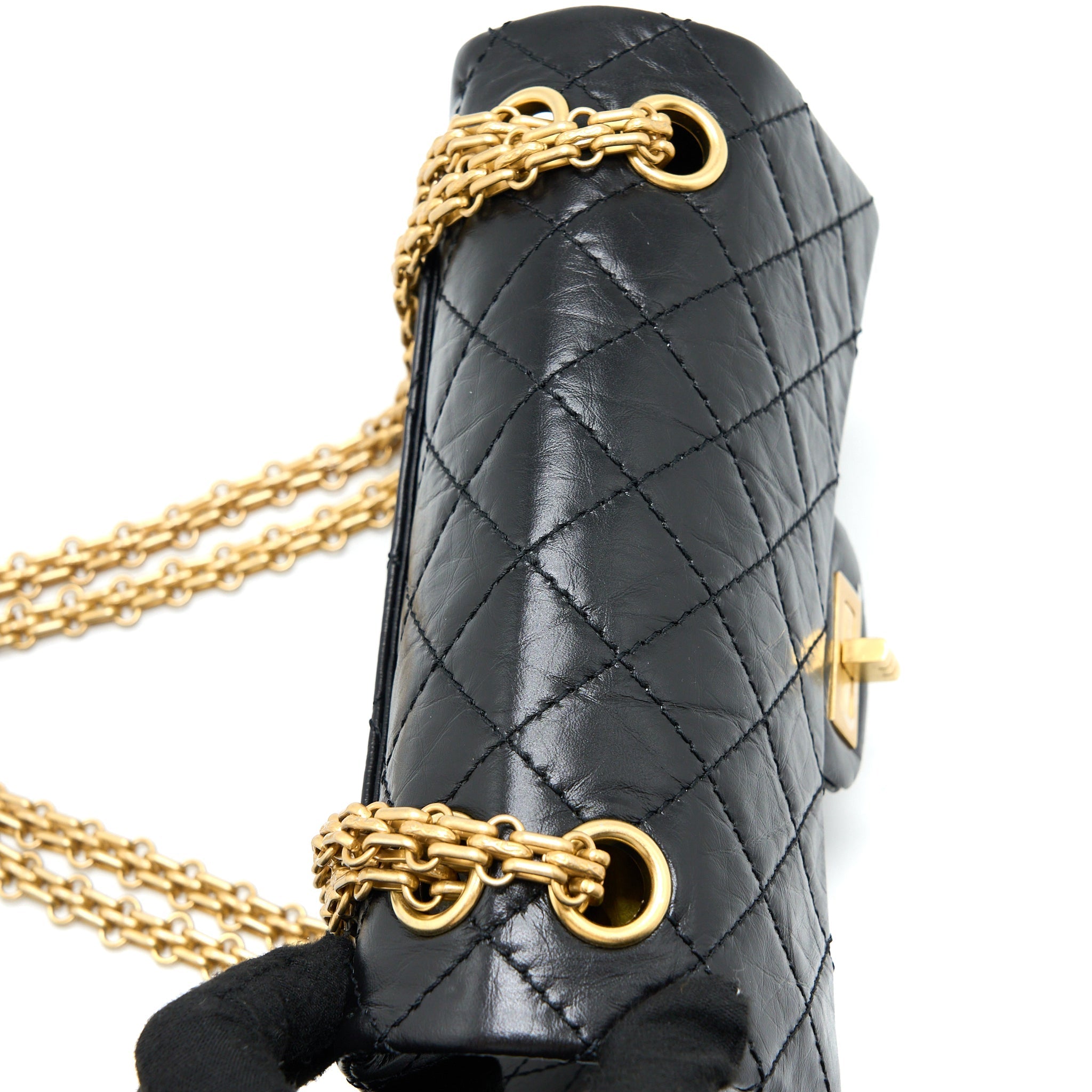 CHANEL MINI 2.55 REISSUE FLAP BAG AGED CALFSKIN BLACK BRUSHED GHW (MICROCHIP)