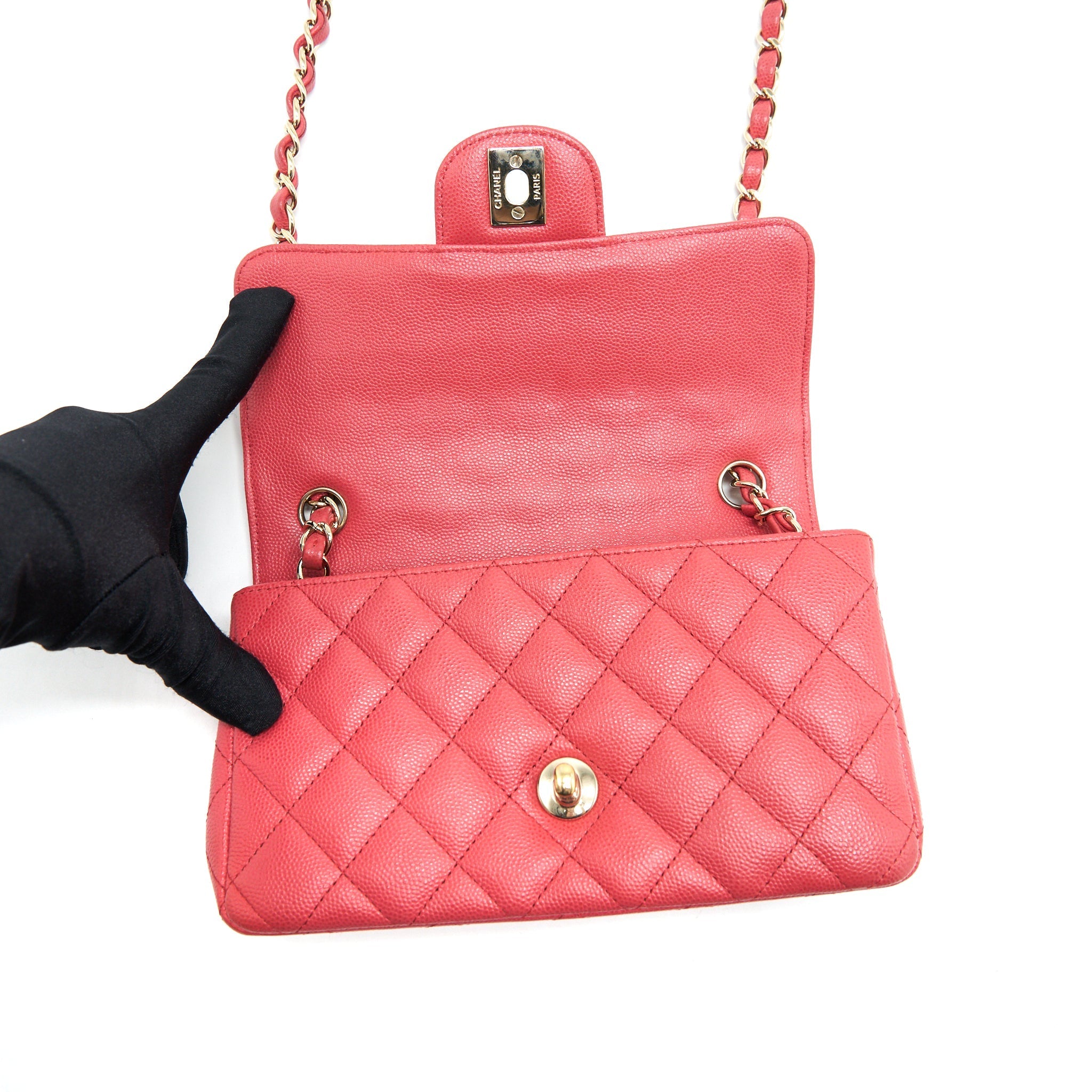 CHANEL MINI RECTANGULAR FLAP BAG CAVIAR CORAL PINK GHW