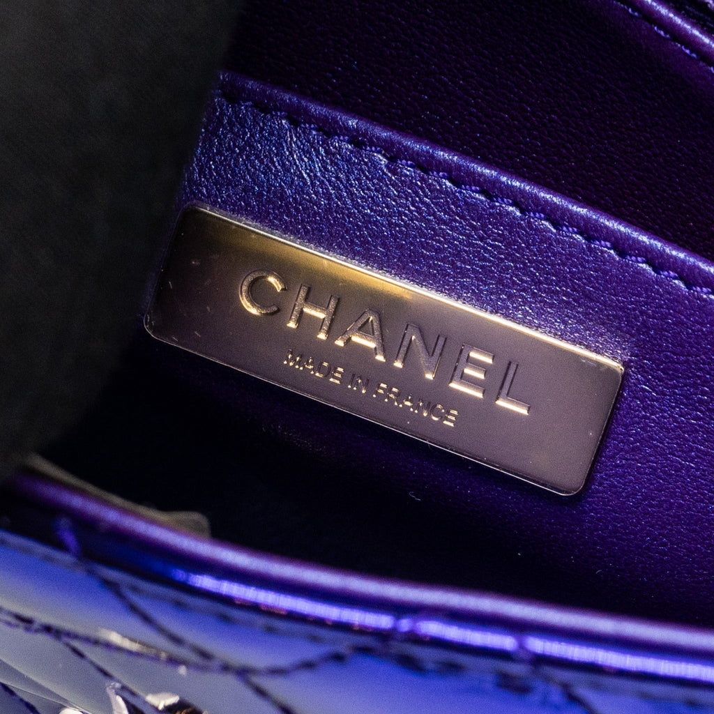 CHANEL 24C MINI FLAP BAG WITH STAR COIN PURSE PATENT/CALFSKIN METALLIC PURPLE LGHW (MICROCHIP)