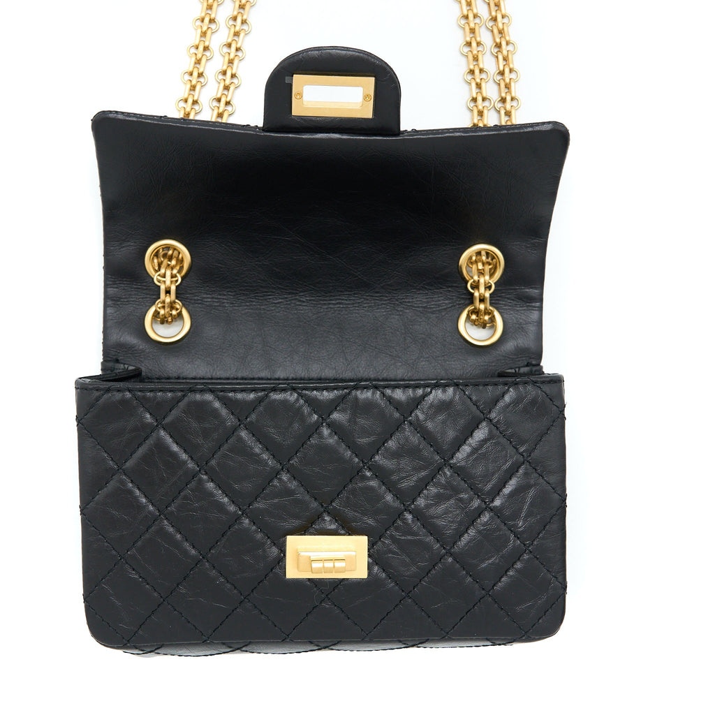CHANEL MINI 2.55 REISSUE FLAP BAG AGED CALFSKIN BLACK BRUSHED GHW (MICROCHIP)