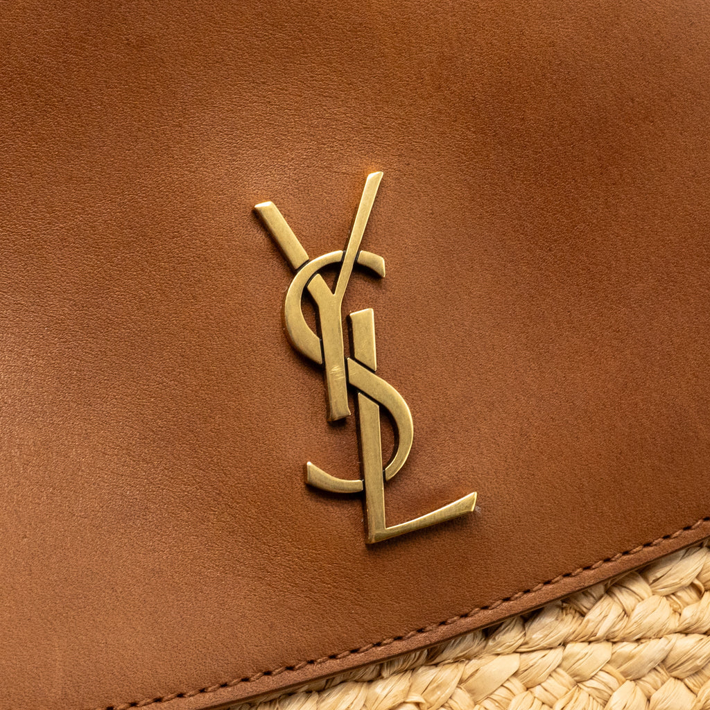 SAINT LAURENT MINI BASKET BAG RAFFIA/CALFSKIN LEATHER BROWN GHW