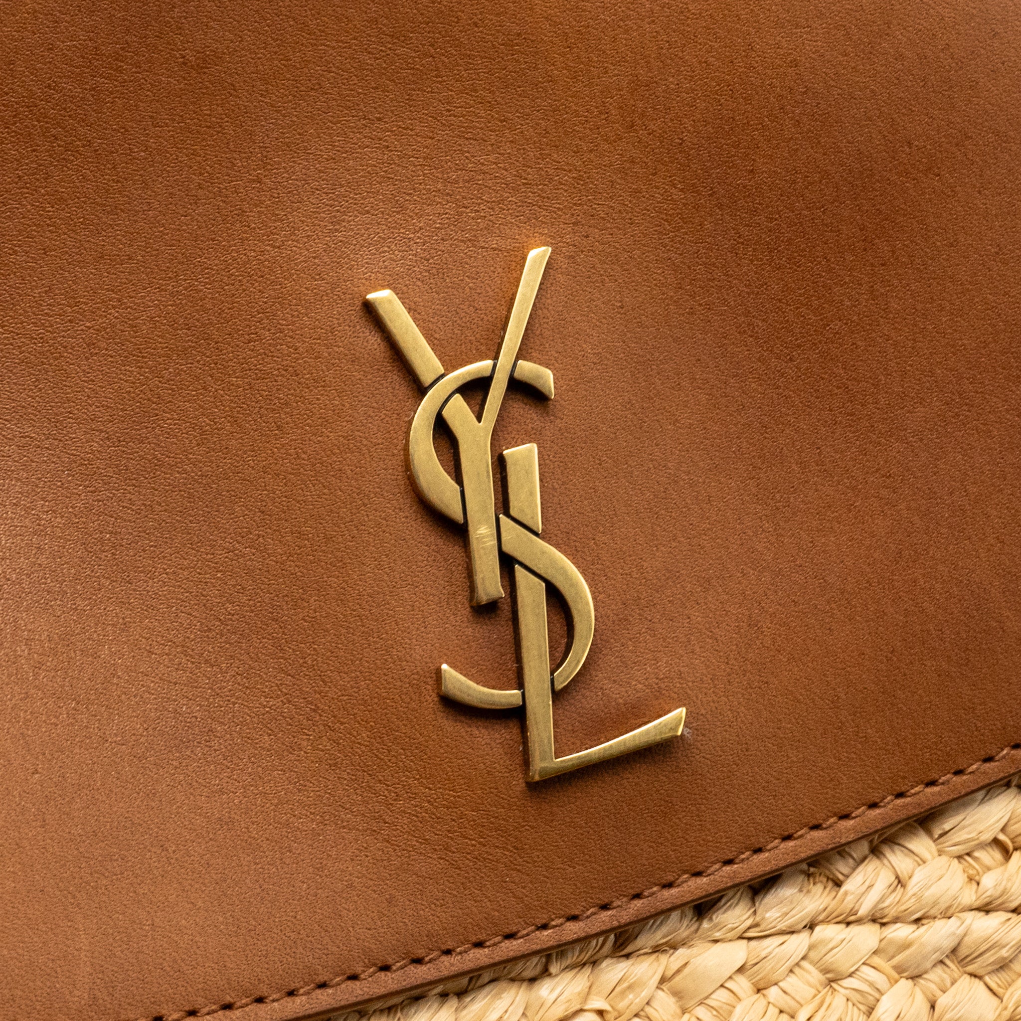 SAINT LAURENT MINI BASKET BAG RAFFIA/CALFSKIN LEATHER BROWN GHW