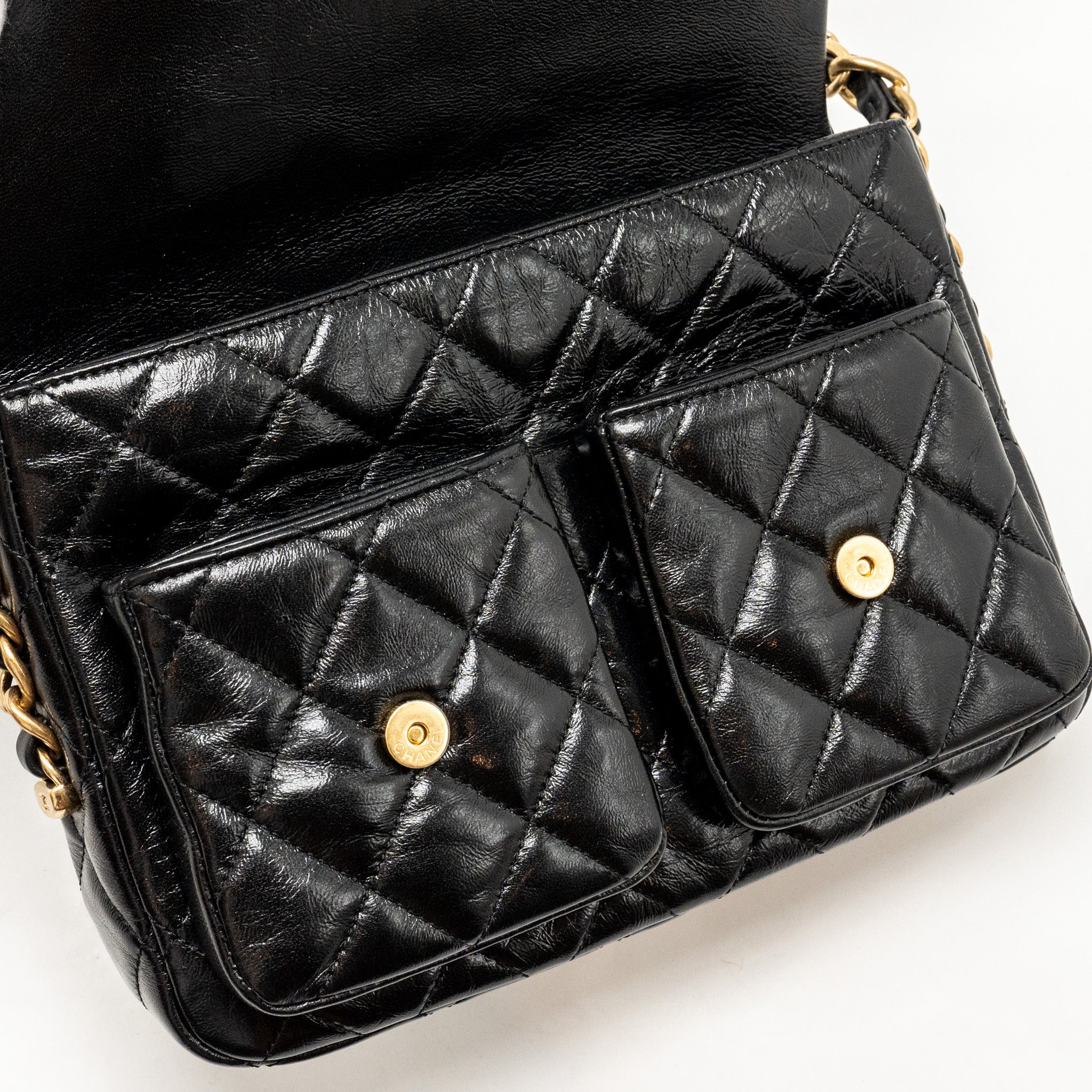 CHANEL DOUBLE POCKET TOP HANDLE MESSANGER BAG SHINY CALFSKIN BLACK GHW (MICROCHIP)
