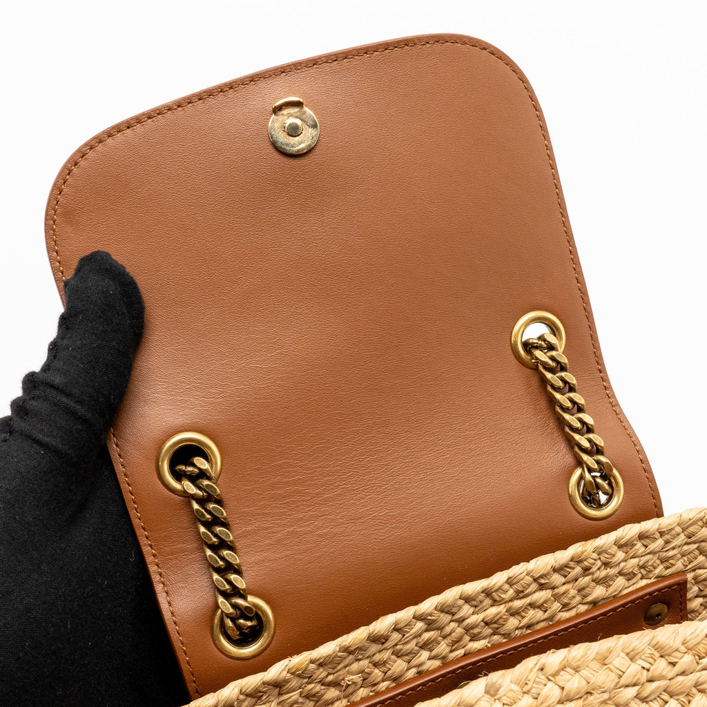 SAINT LAURENT MINI BASKET BAG RAFFIA/CALFSKIN LEATHER BROWN GHW