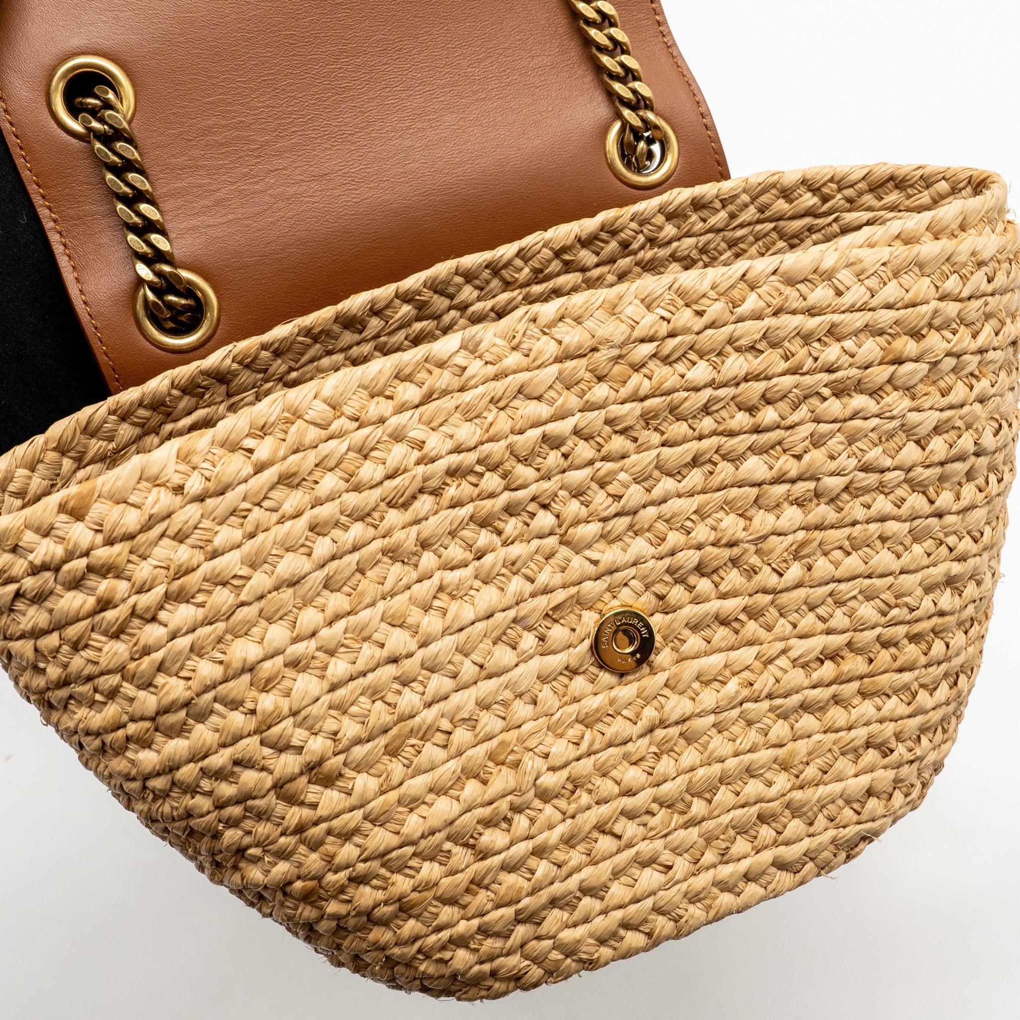 SAINT LAURENT MINI BASKET BAG RAFFIA/CALFSKIN LEATHER BROWN GHW