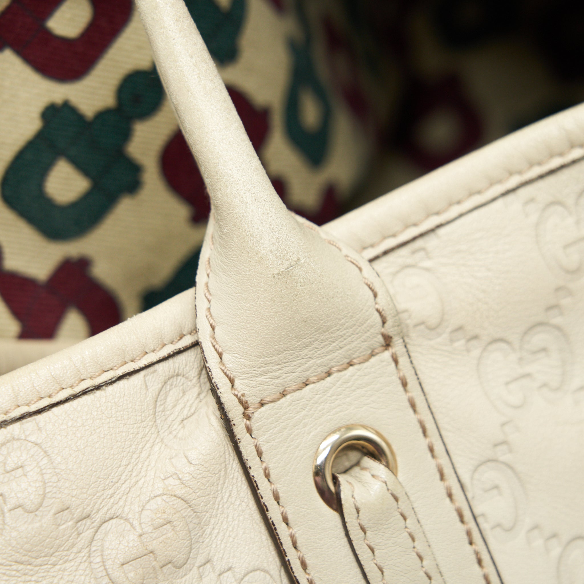GUCCI MONOGRAM LEATHER SHOPPING TOTE BAG CREAMY BEIGE GHW