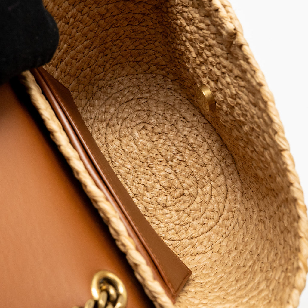 SAINT LAURENT MINI BASKET BAG RAFFIA/CALFSKIN LEATHER BROWN GHW