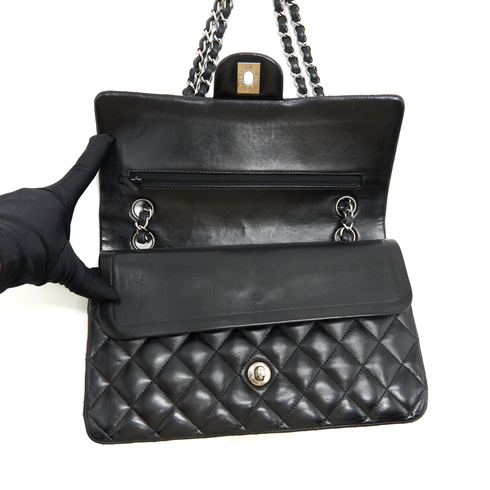CHANEL MEDIUM CLASSIC FLAP BAG LAMBSKIN BLACK SHW