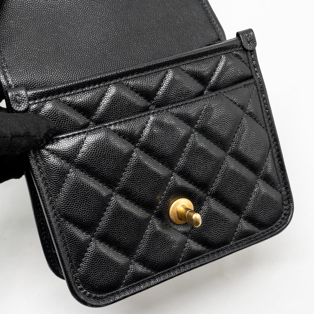 CHANEL 22K MINI FLAP BAG WITH TOP HANDLE CAVIAR BLACK GHW (MICROCHIP)