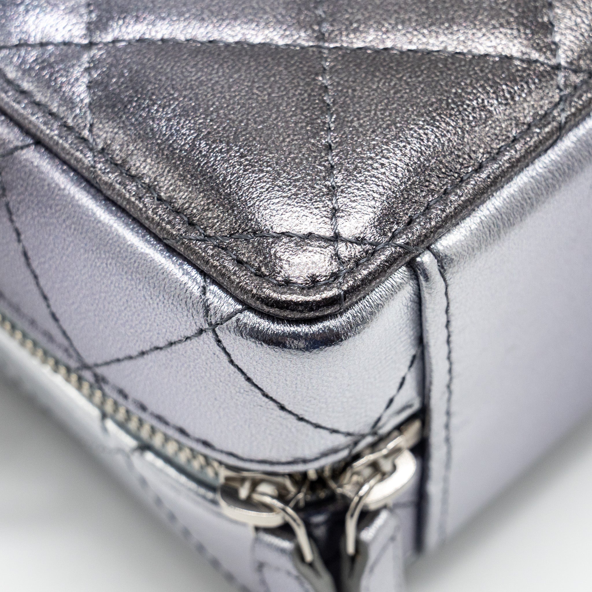 CHANEL MINI QUILTED VANITY WITH GIANT CHAIN LAMBSKIN METALLIC GREY SHW