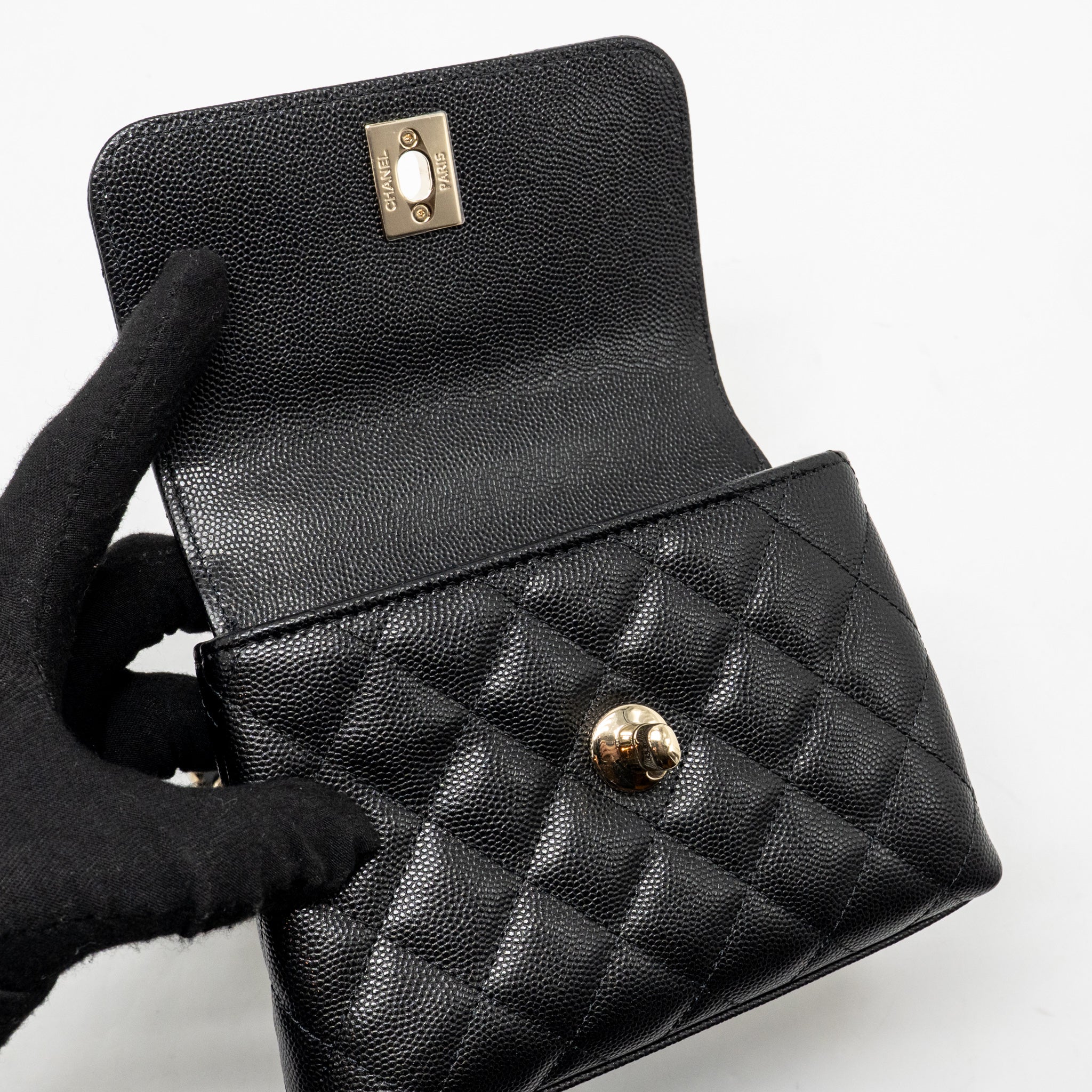 CHANEL COCO HANDLE CLUTCH WITH CHAIN CAVIAR BLACK LGHW (MICROCHIP)