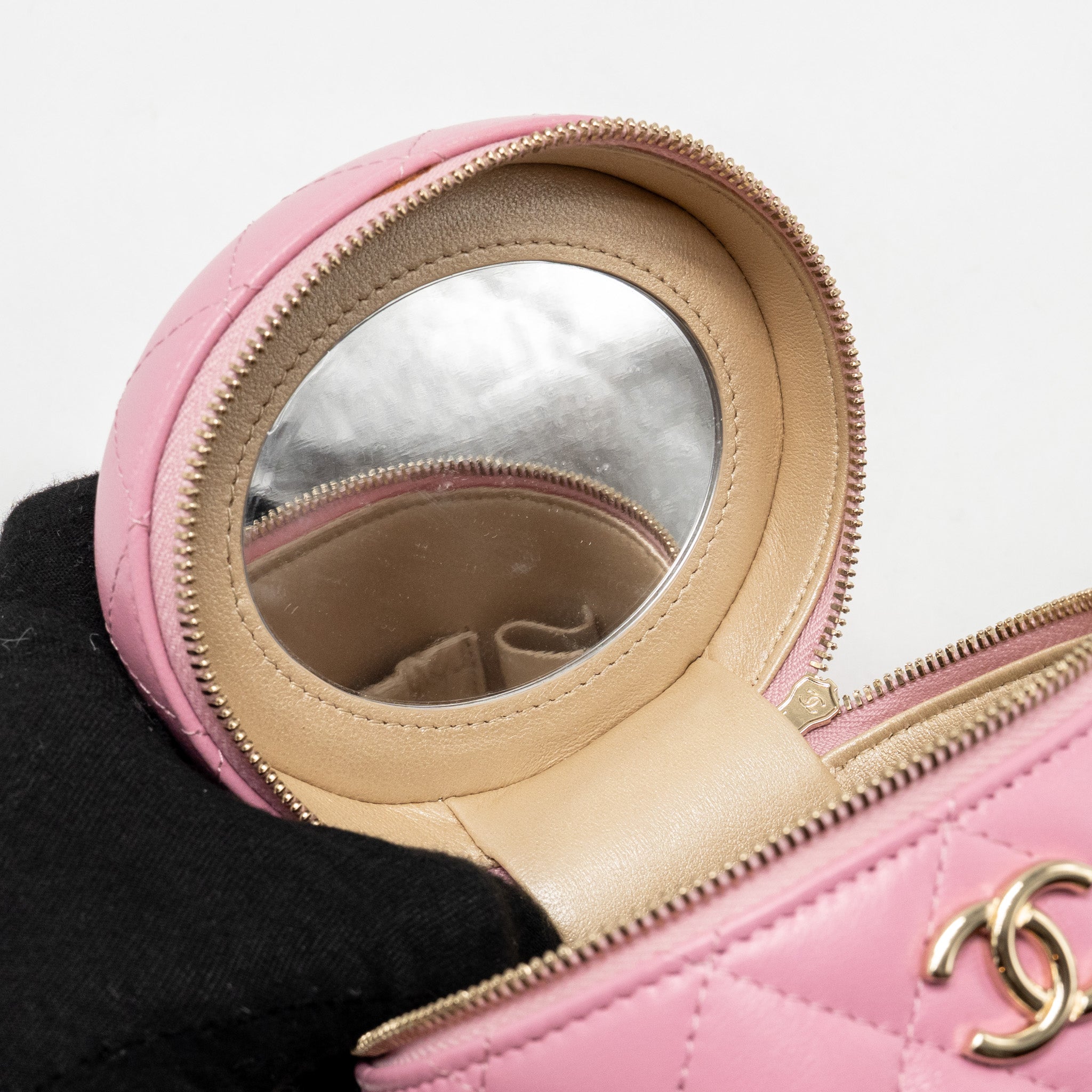 CHANEL TOP HANDLE ROUND VANITY CASE LAMBSKIN PINK LGHW