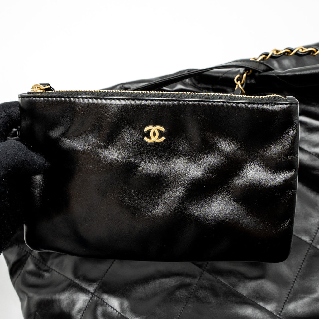 CHANEL SMALL 22 BAG SHINY CALFSKIN BLACK GHW (MICROCHIP)