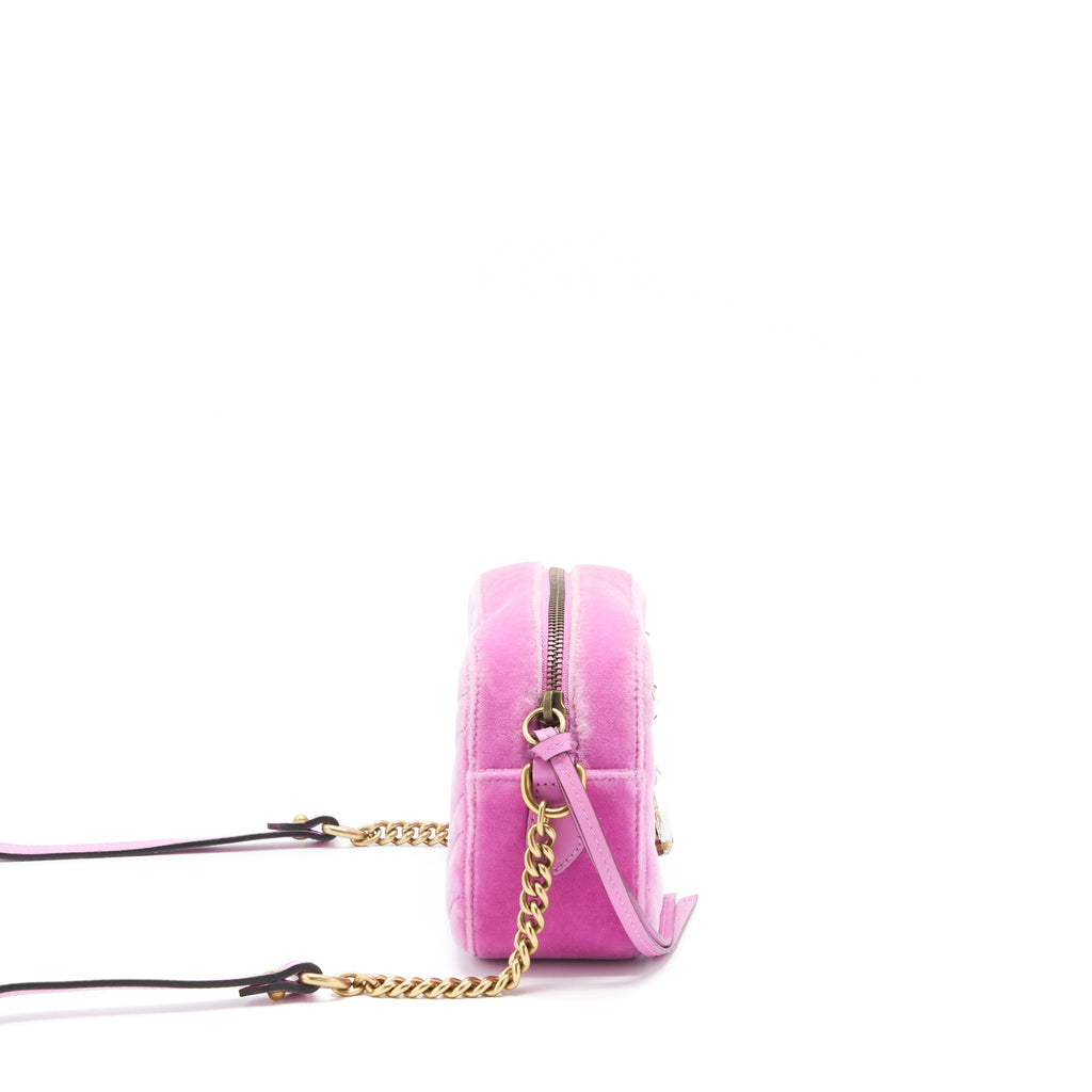 GUCCI GG MARMONT CAMERA BAG VELVET PINK WITH CRYSTAL GHW