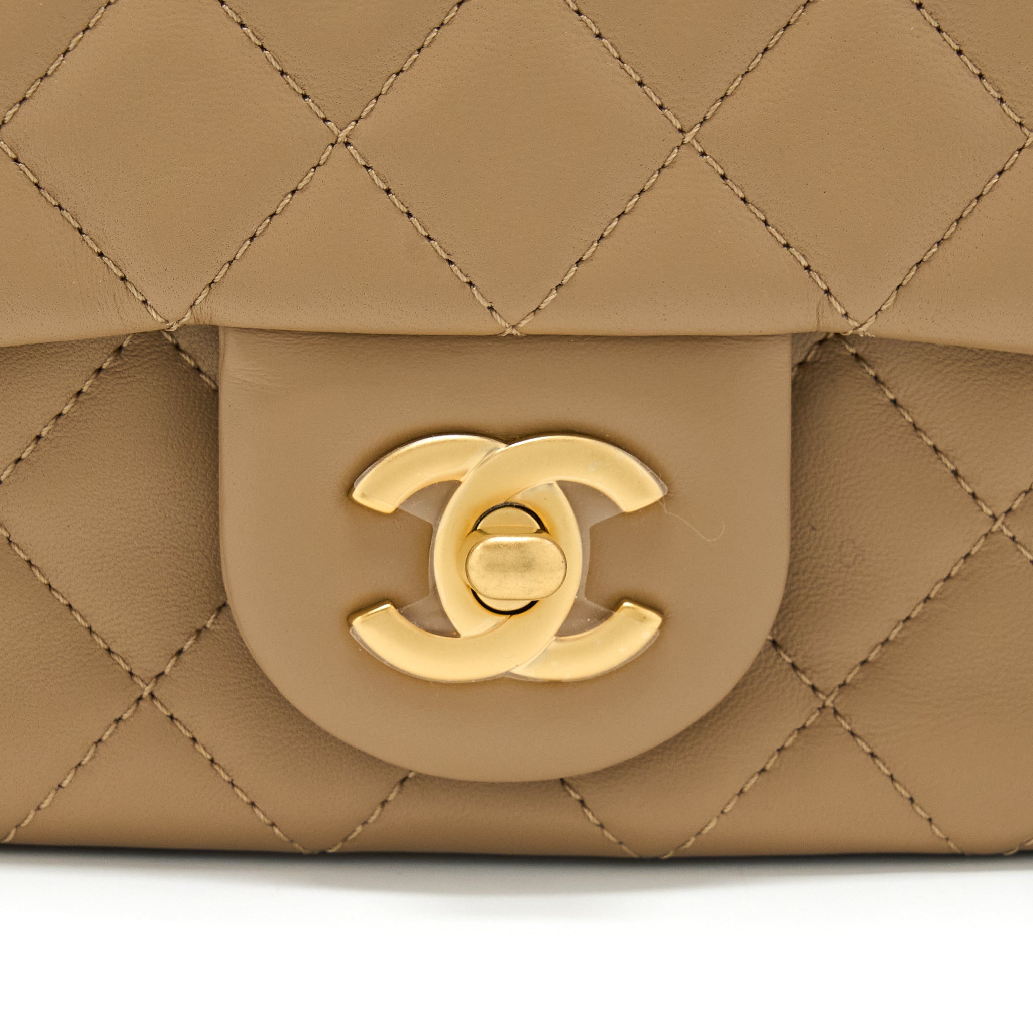 CHANEL PEARL CRUSH MINI SQUARE FLAP BAG LAMBSKIN DARK BEIGE GHW(MICROCHIP)