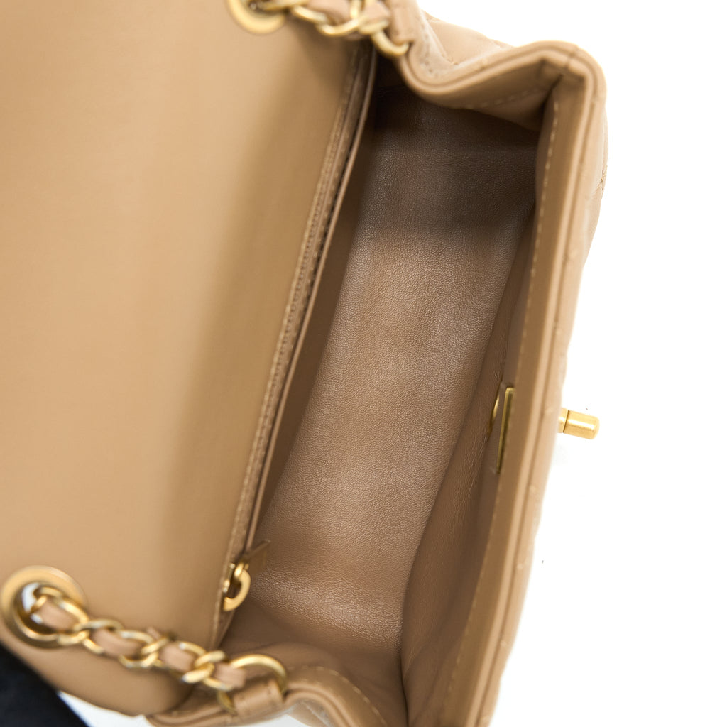 CHANEL PEARL CRUSH MINI SQUARE FLAP BAG LAMBSKIN DARK BEIGE GHW(MICROCHIP)
