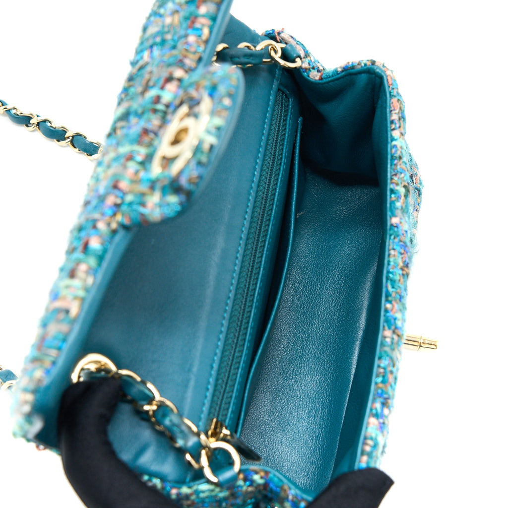 CHANEL MINI RECTANGULAR FLAP BAG TWEED MULTICOLOR GREEN LGHW