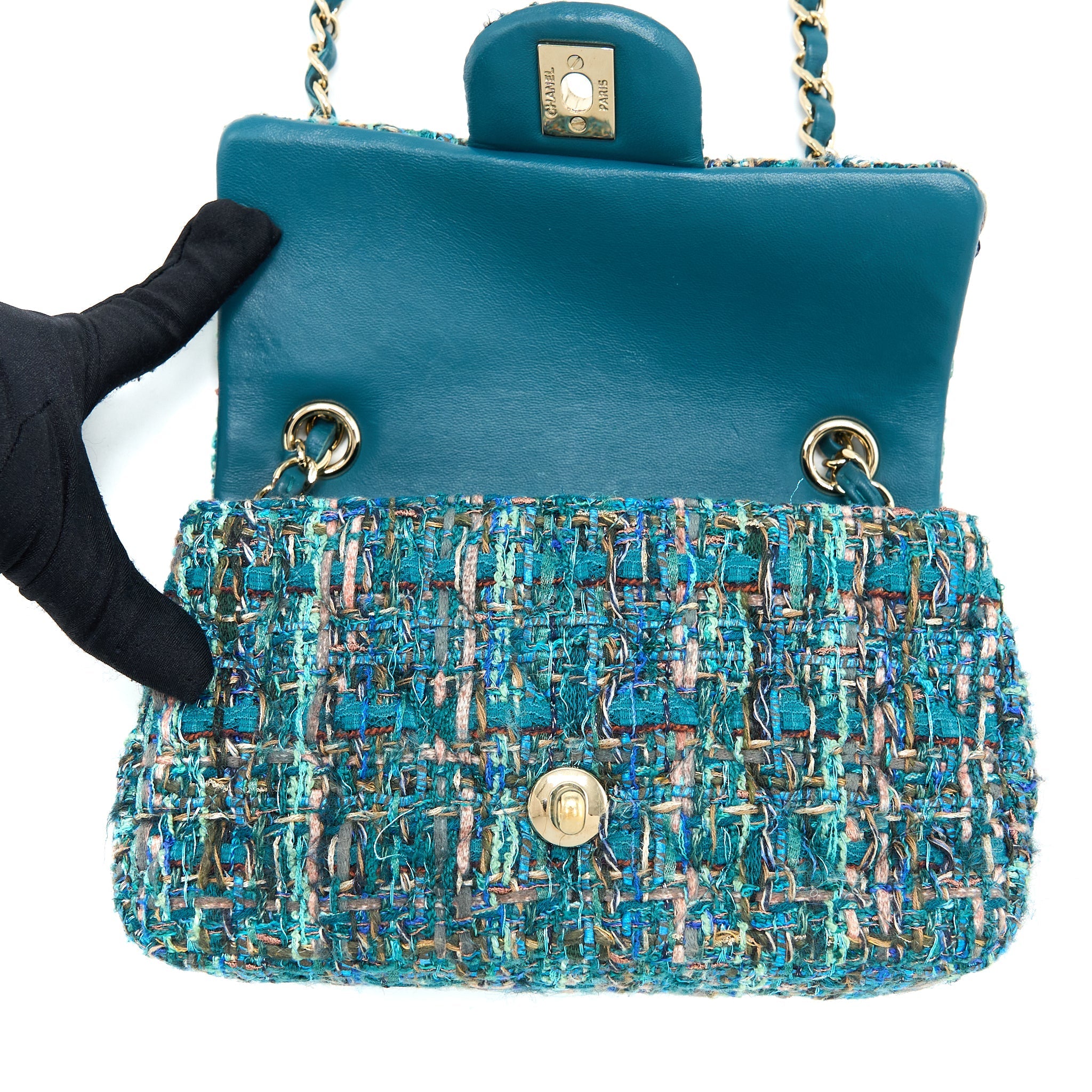 CHANEL MINI RECTANGULAR FLAP BAG TWEED MULTICOLOR GREEN LGHW