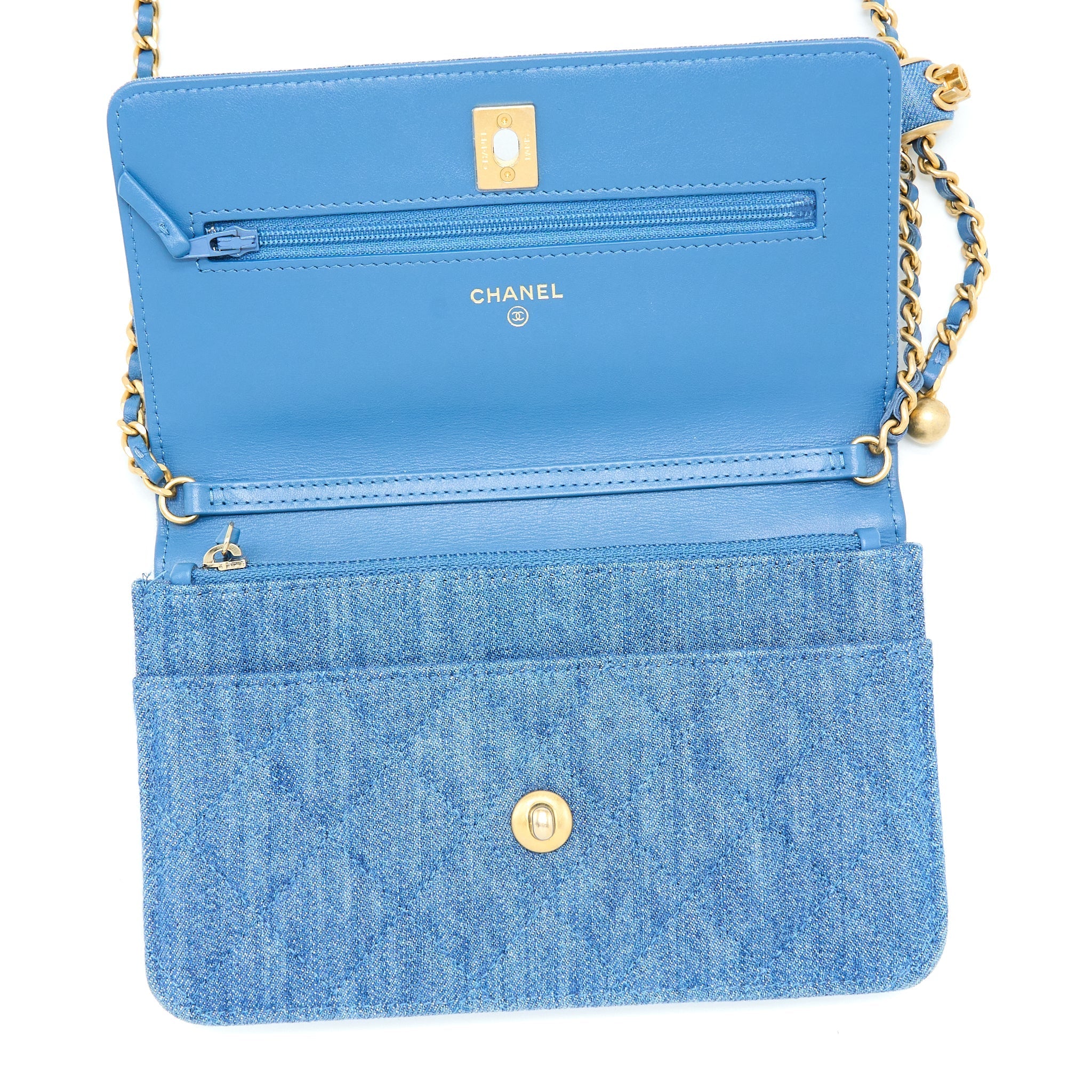 CHANEL DENIM PEARL CRUSH WALLET ON CHAIN DENIM BLUE BRUSHED GHW