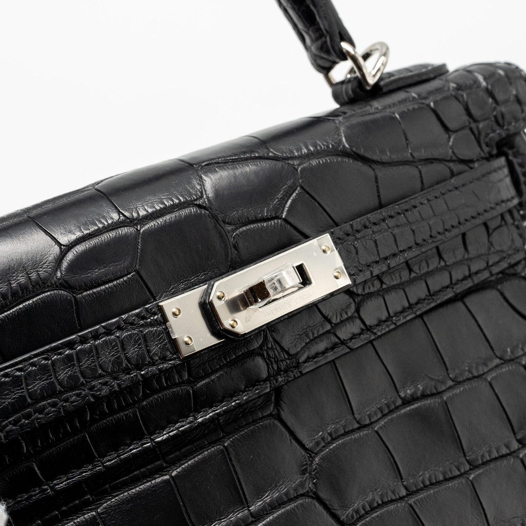 HERMES KELLY 25 MATT ALLIGATOR MISSISSIPPIENSIS BLACK SHW