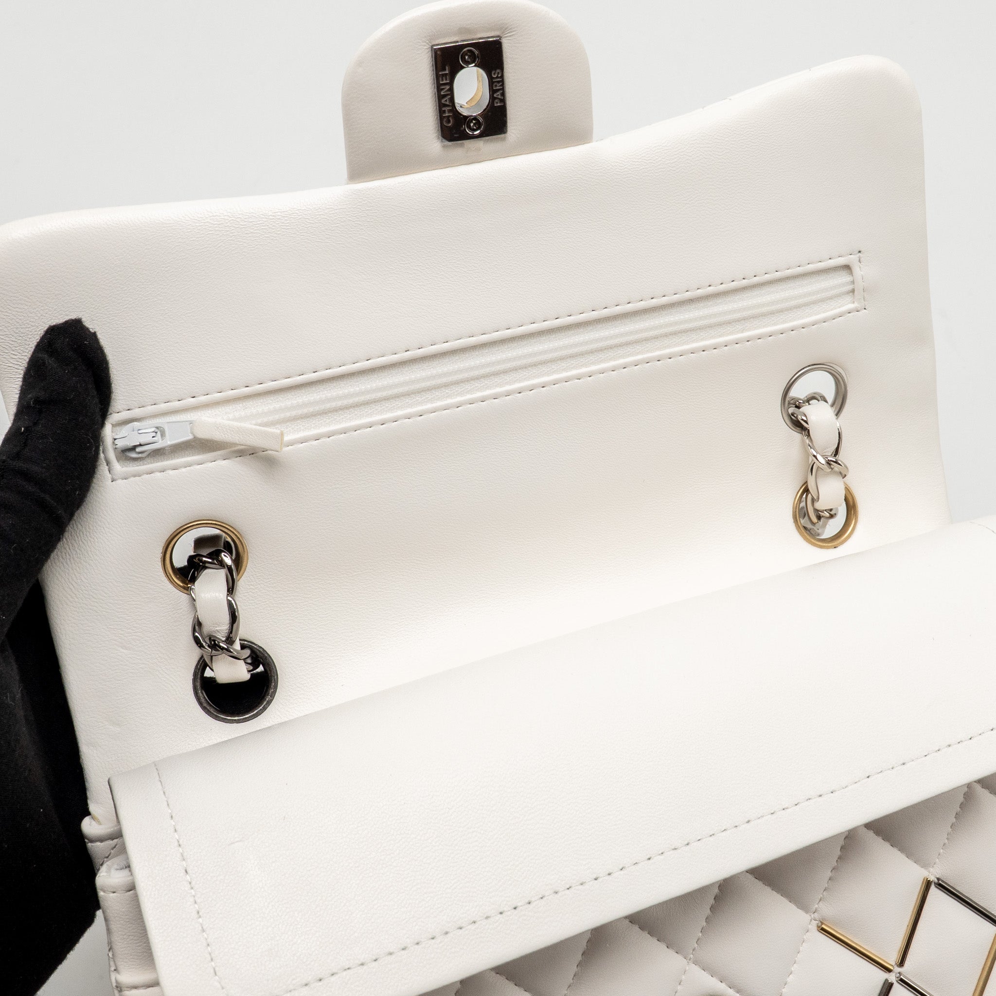 CHANEL BICOLOR METAL SMALL CLASSIC DOUBLE FLAP BAG LAMBSKIN WHITE MULITCOLOUR HARDWARE