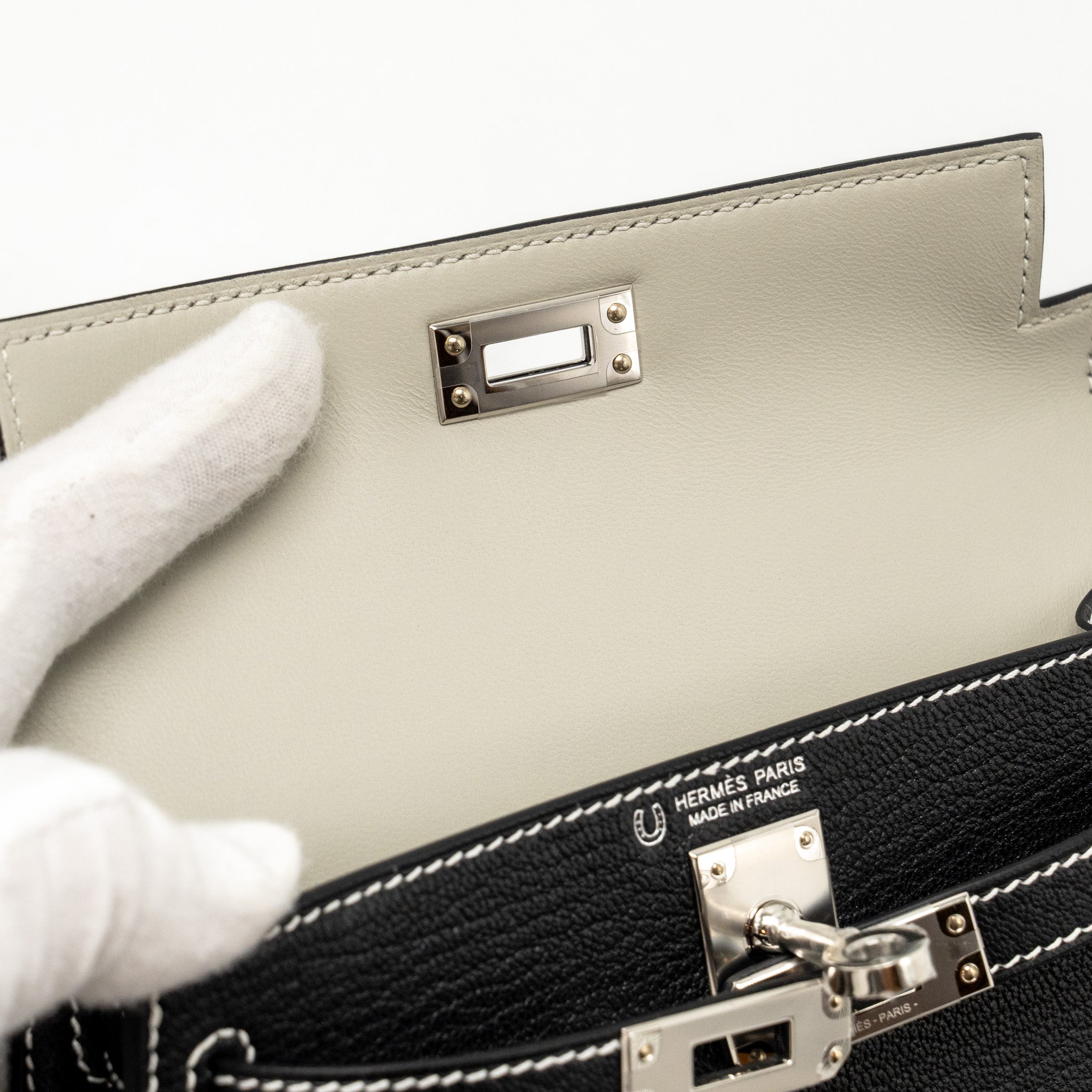 HERMES MINI KELLY II SPECIAL ORDER CHEVRE MYSORE BLACK / GRIS PERLE WHITE STITCHING SHW