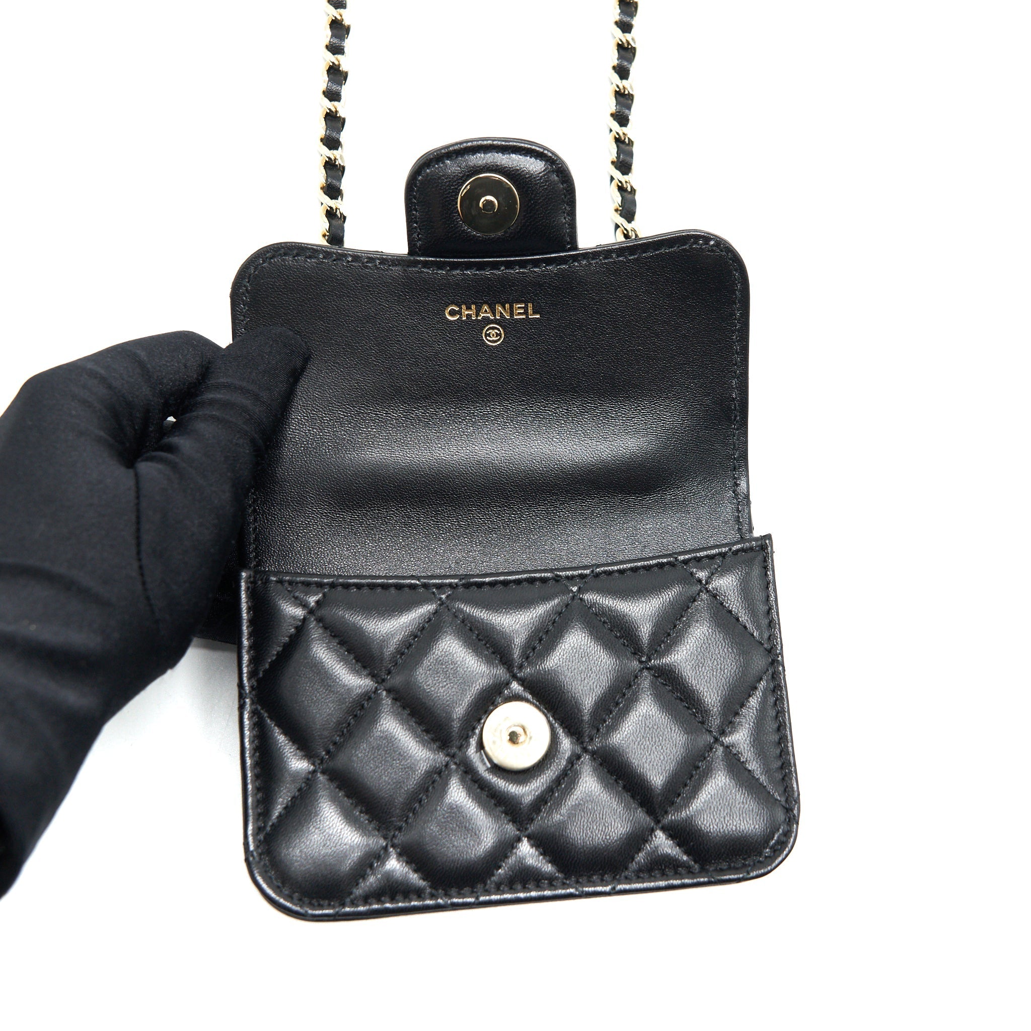 CHANEL 21K FLAP COIN PURSE WITH CHAIN BLACK LGHW