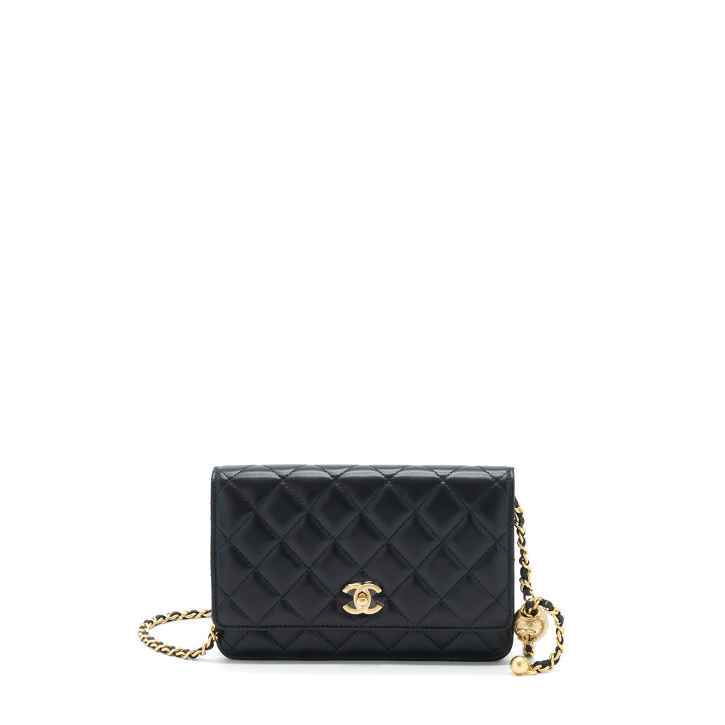 CHANEL PEARL CRUSH WALLET ON CHAIN LAMBSKIN BLACK GHW