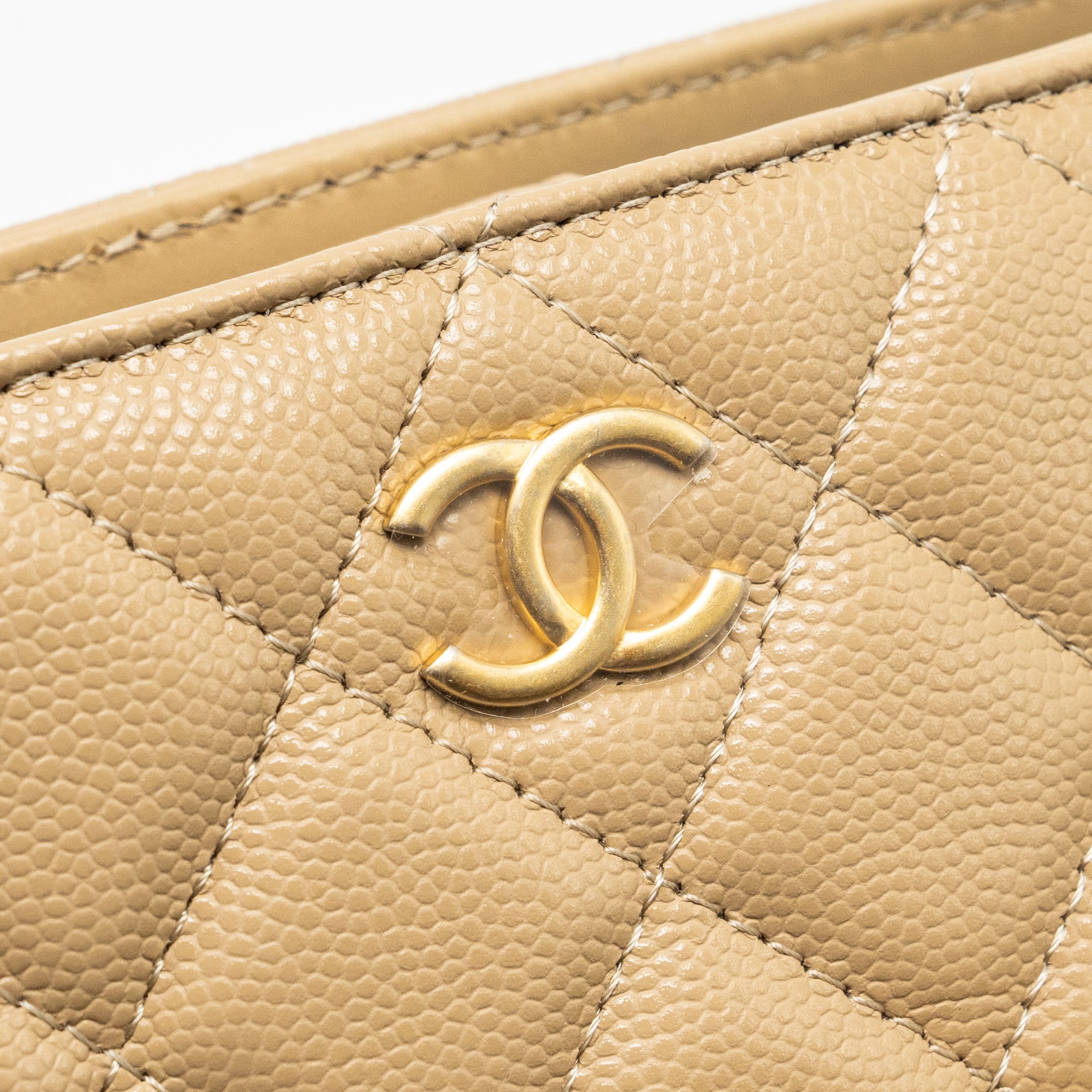 CHANEL CC LOGO QUILTED MINI CLUTCH WITH CHAIN CAVIAR BEIGE GHW (MICROCHIP)
