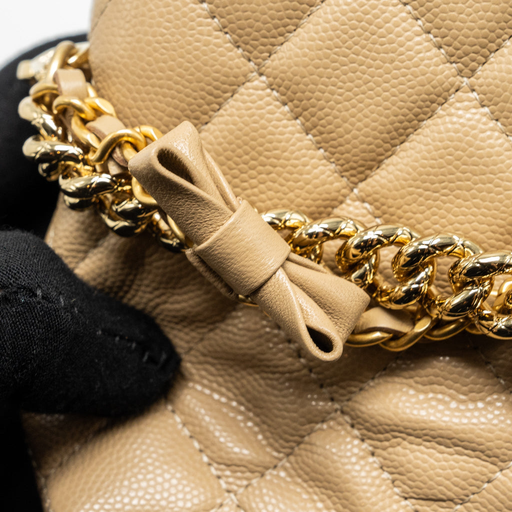 CHANEL CC LOGO QUILTED MINI CLUTCH WITH CHAIN CAVIAR BEIGE GHW (MICROCHIP)