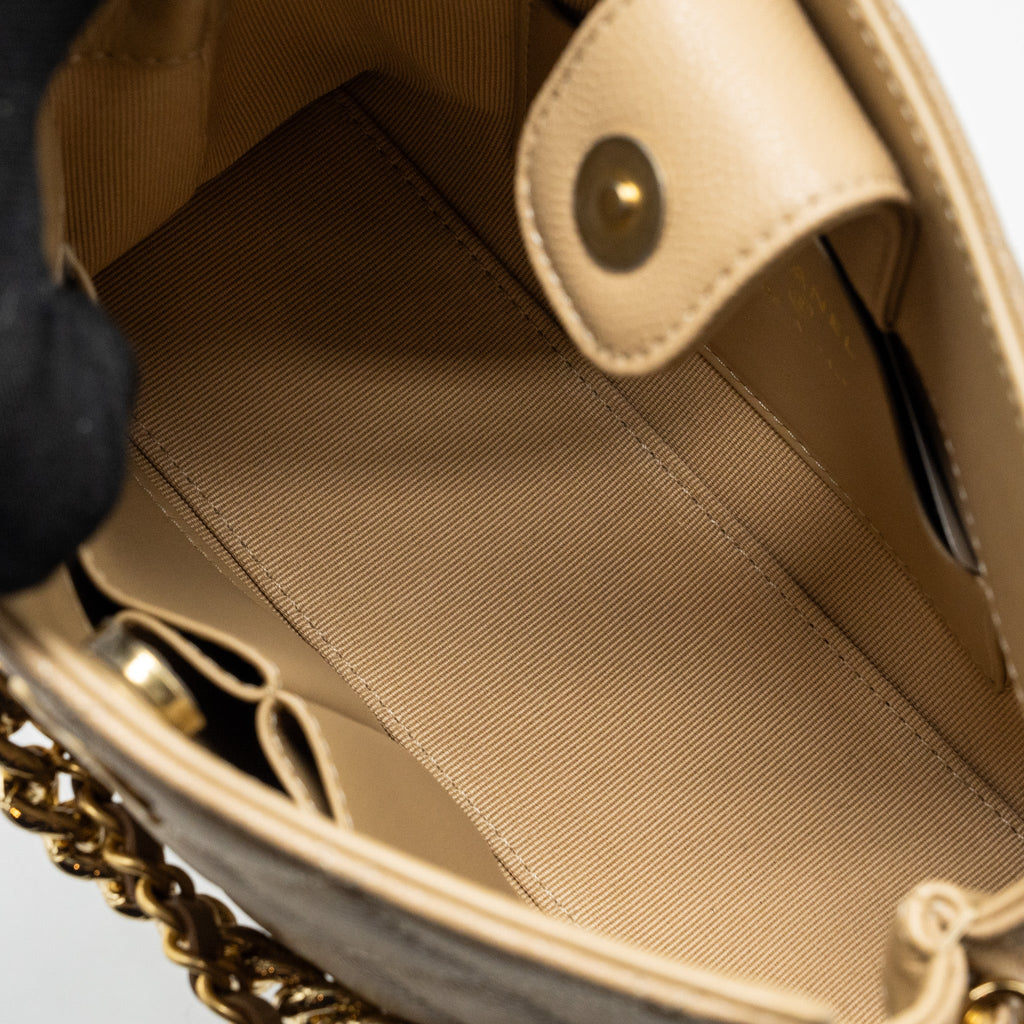 CHANEL CC LOGO QUILTED MINI CLUTCH WITH CHAIN CAVIAR BEIGE GHW (MICROCHIP)