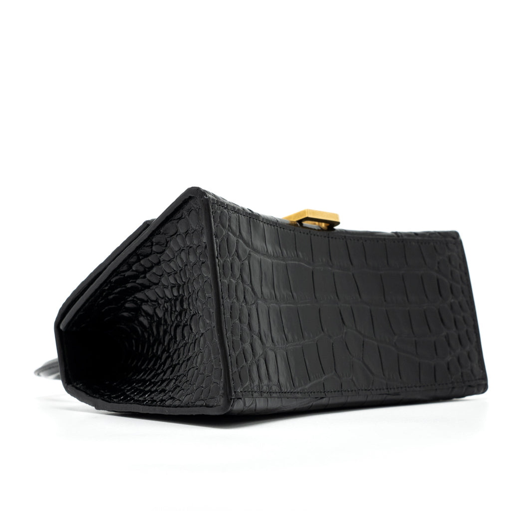 BALENCIAGA HOURGLASS SMALL HANDBAG CROC EMBOSSED CALFSKIN BLACK GHW